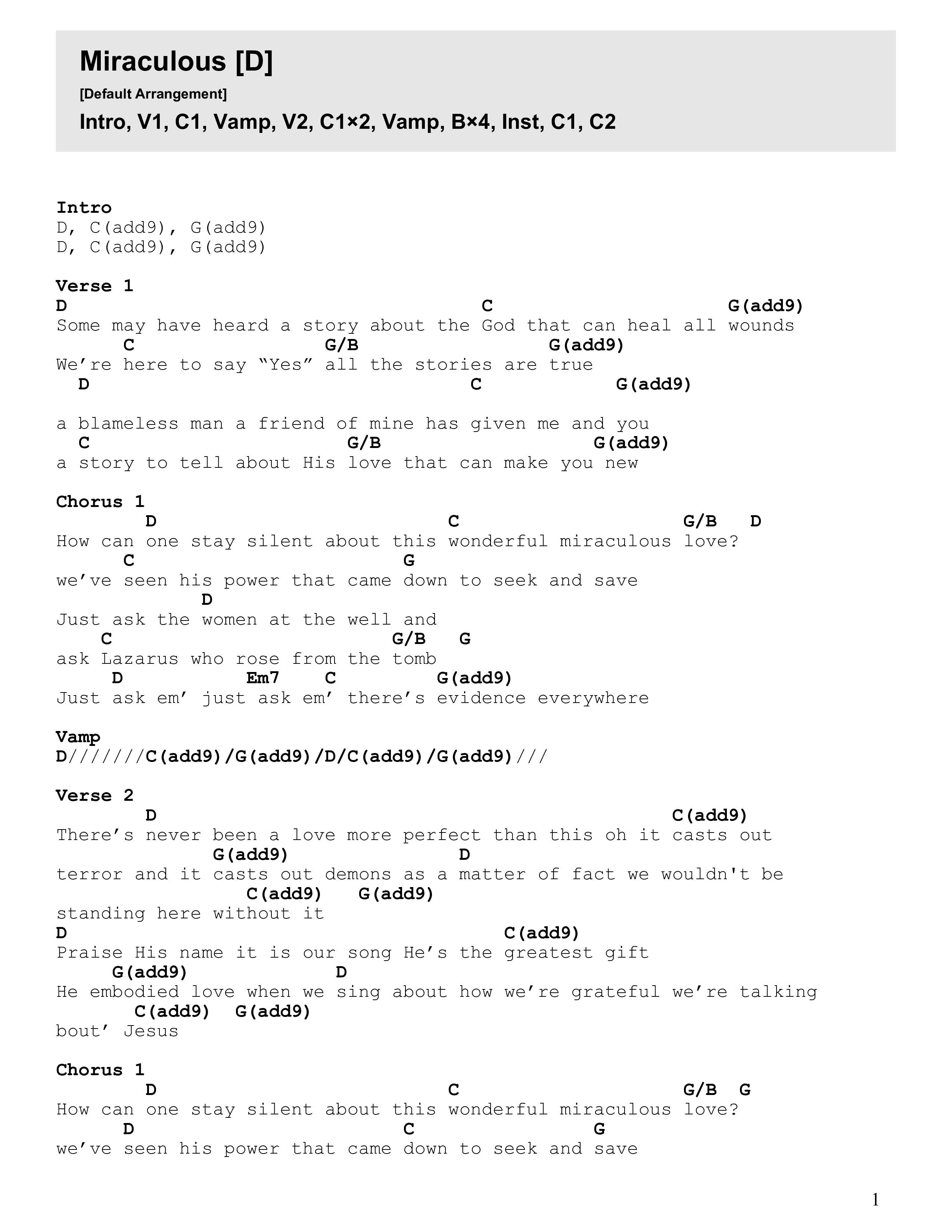 Miraculous Chord Chart (FC Music)