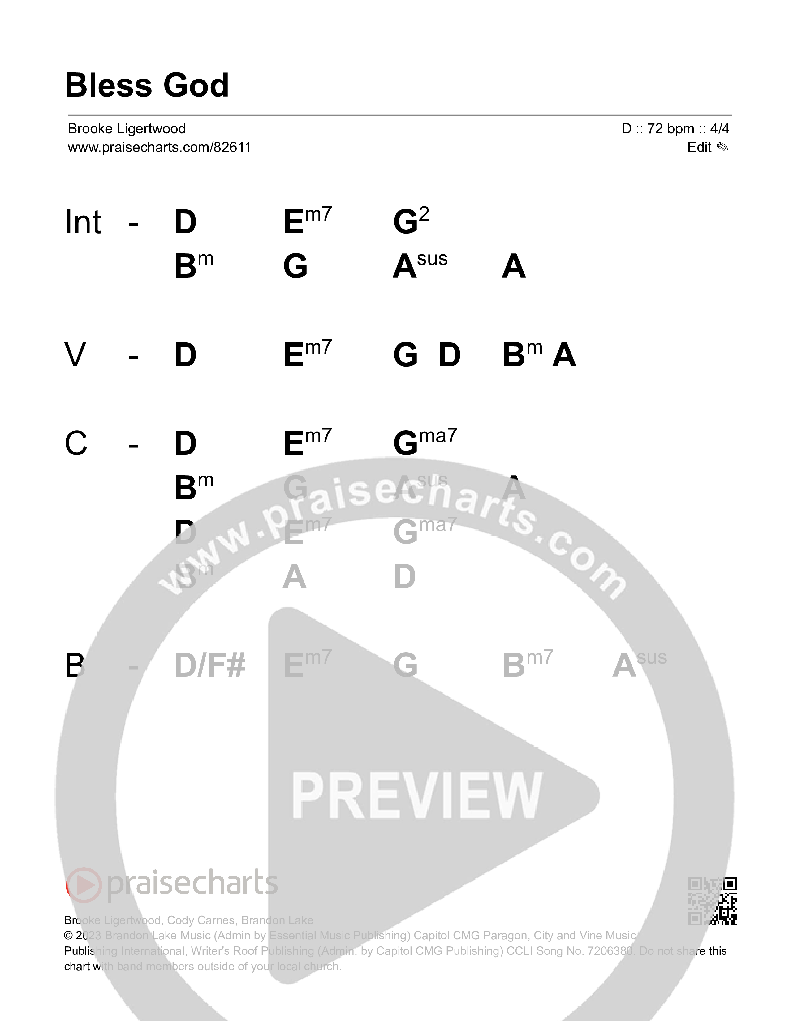 Bless God Stage Chart (Brooke Ligertwood)