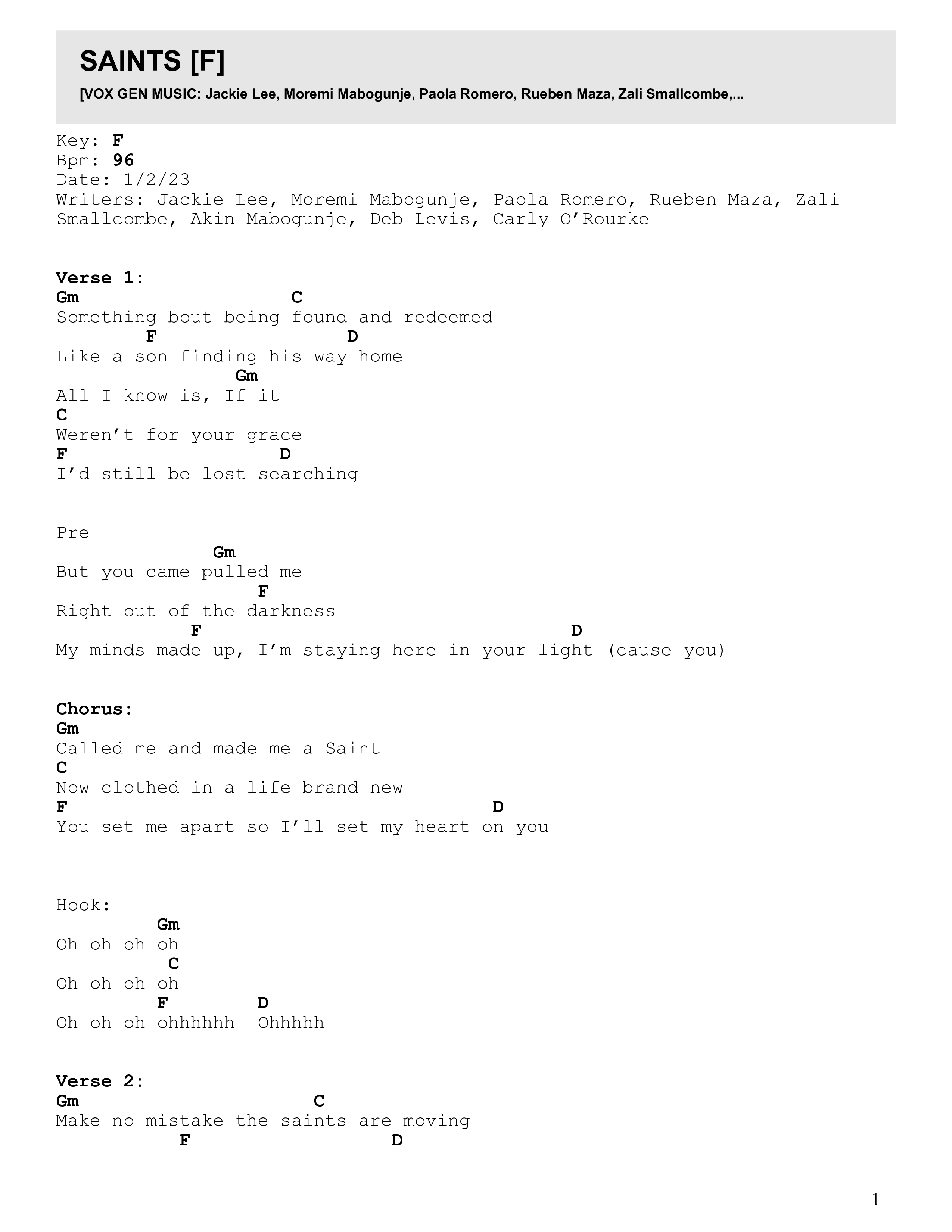 Saints (Live) Chord Chart (VOX GEN)