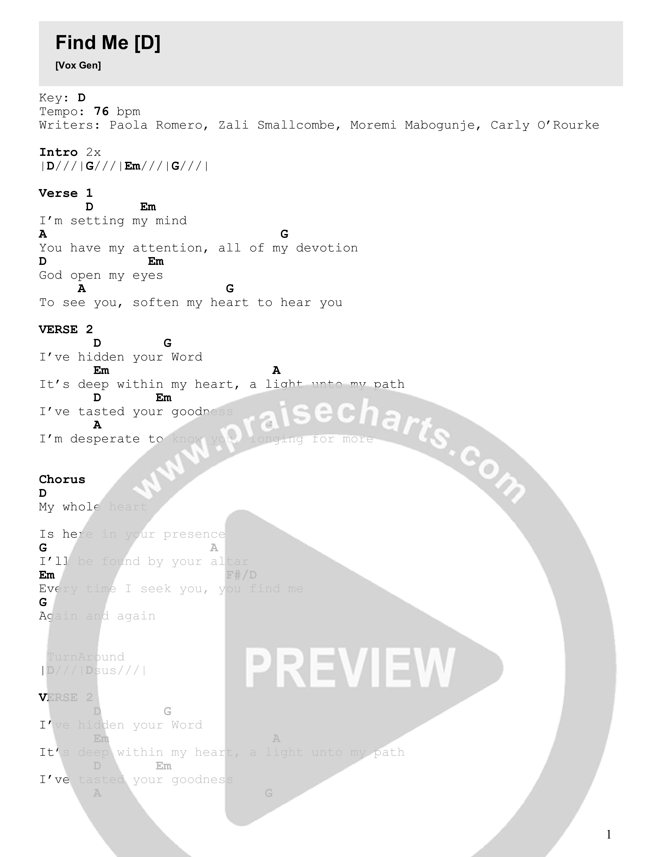 Find Me (Live) Chord Chart (VOX GEN)