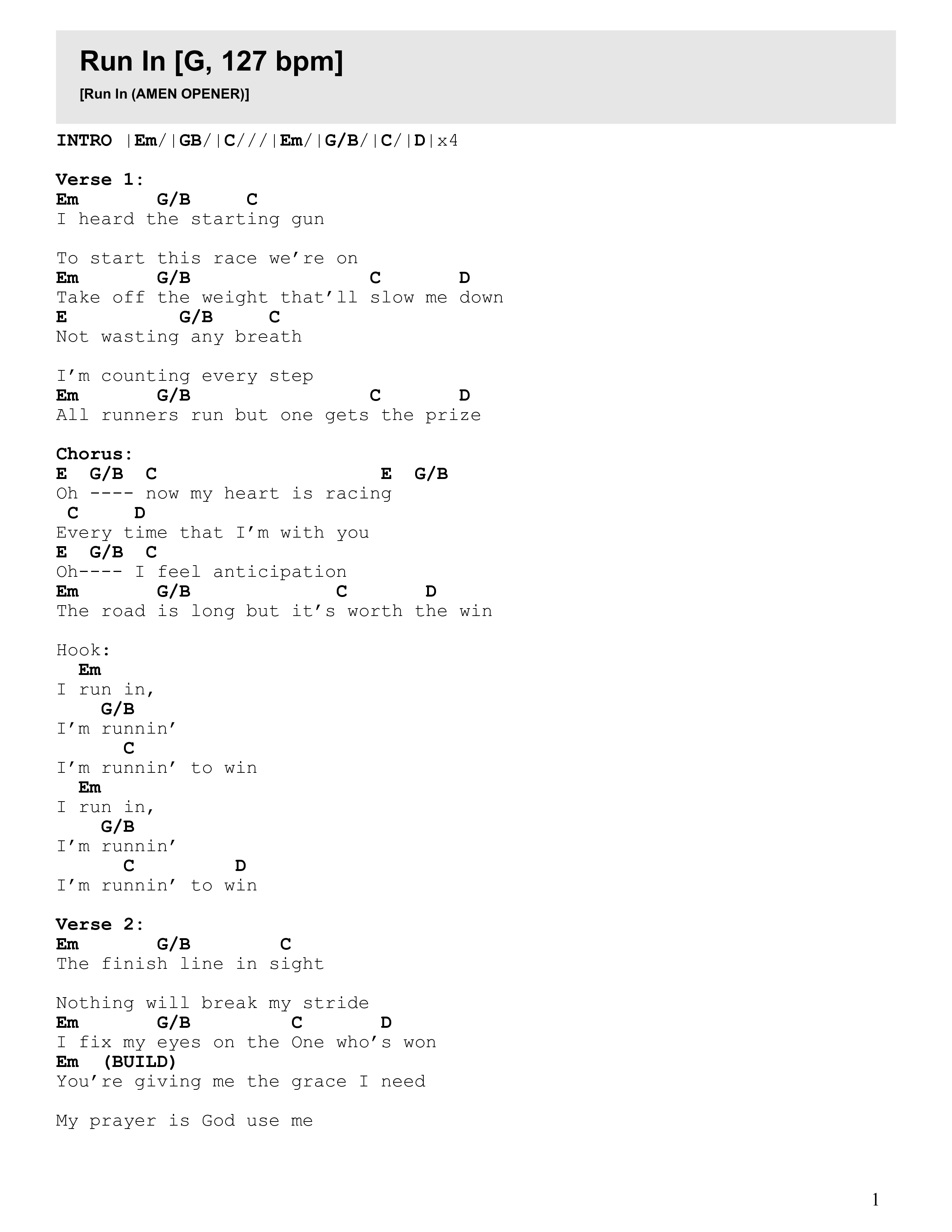 Run In (Live) Chord Chart (VOX GEN)