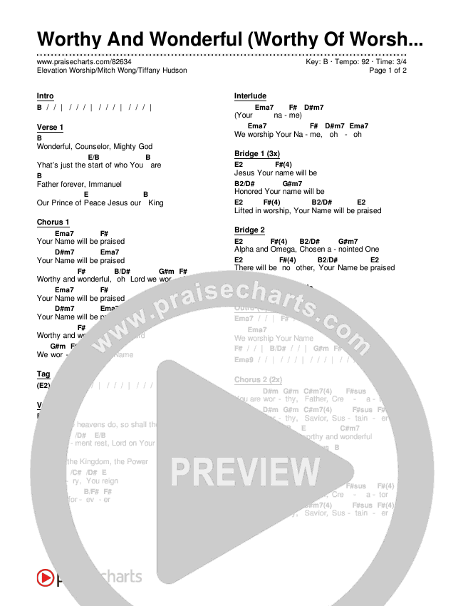 Worthy And Wonderful (Worthy Of Worship) Chords & Lyrics (Elevation Worship / Mitch Wong / Tiffany Hudson)