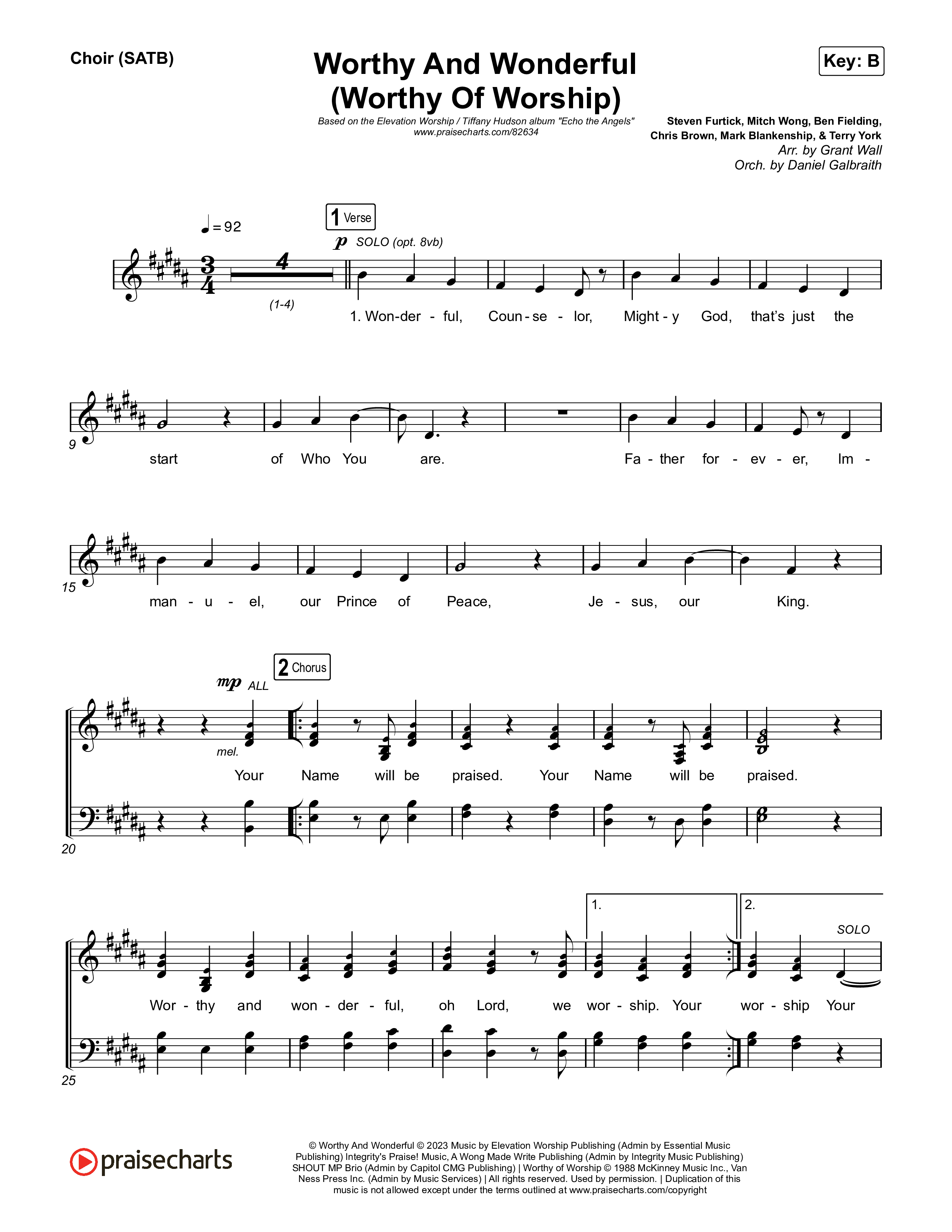 Worthy And Wonderful (Worthy Of Worship) Choir Sheet (SATB) (Elevation Worship / Mitch Wong / Tiffany Hudson)