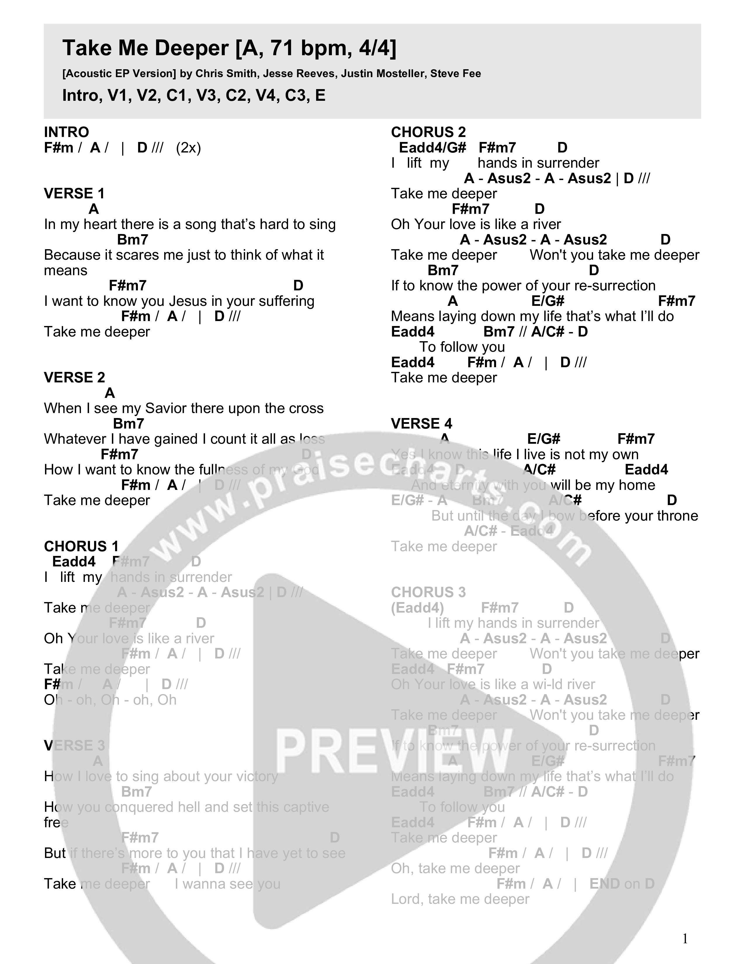 Take Me Deeper (Acoustic) Chord Chart (Crossroads Music)