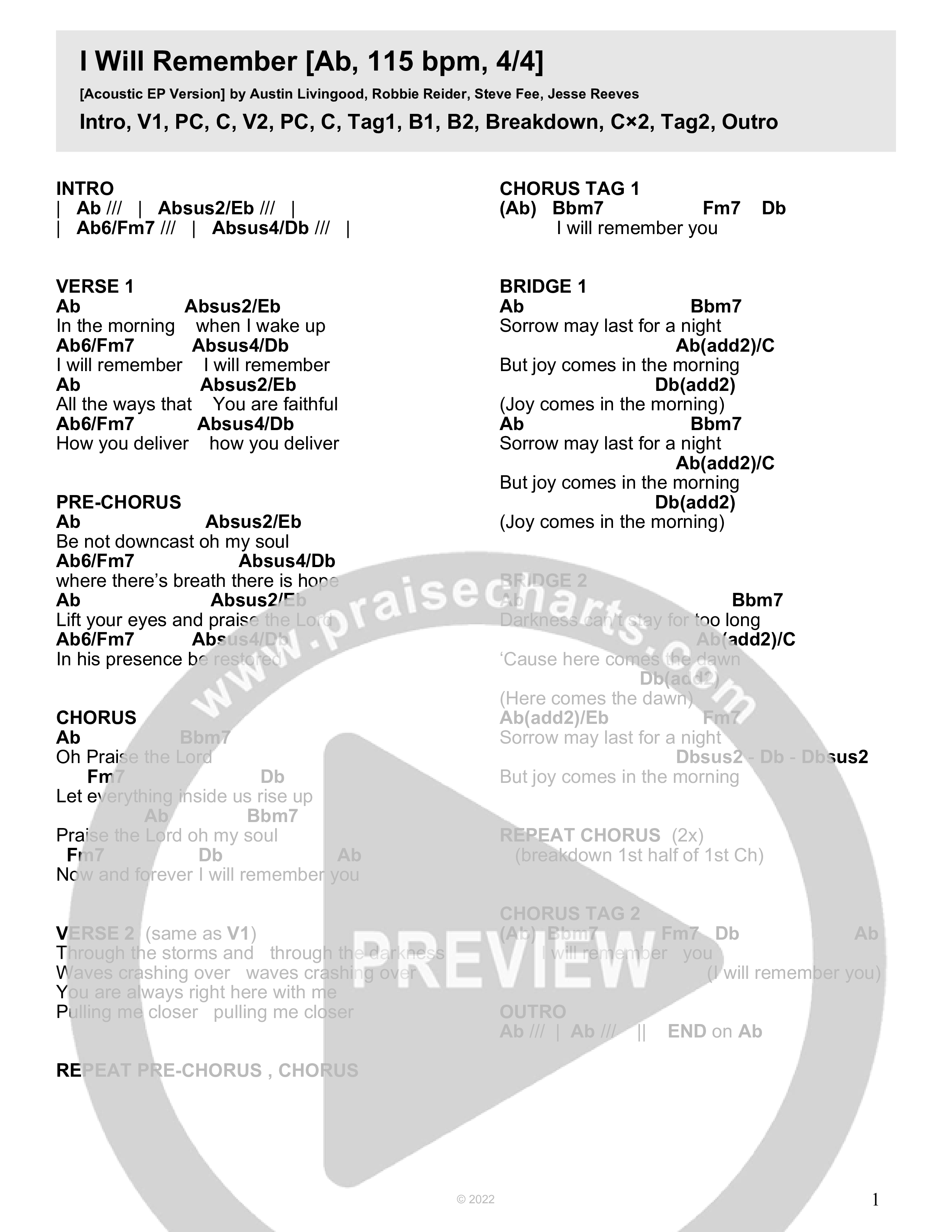 I Will Remember (Acoustic) Chord Chart (Crossroads Music)