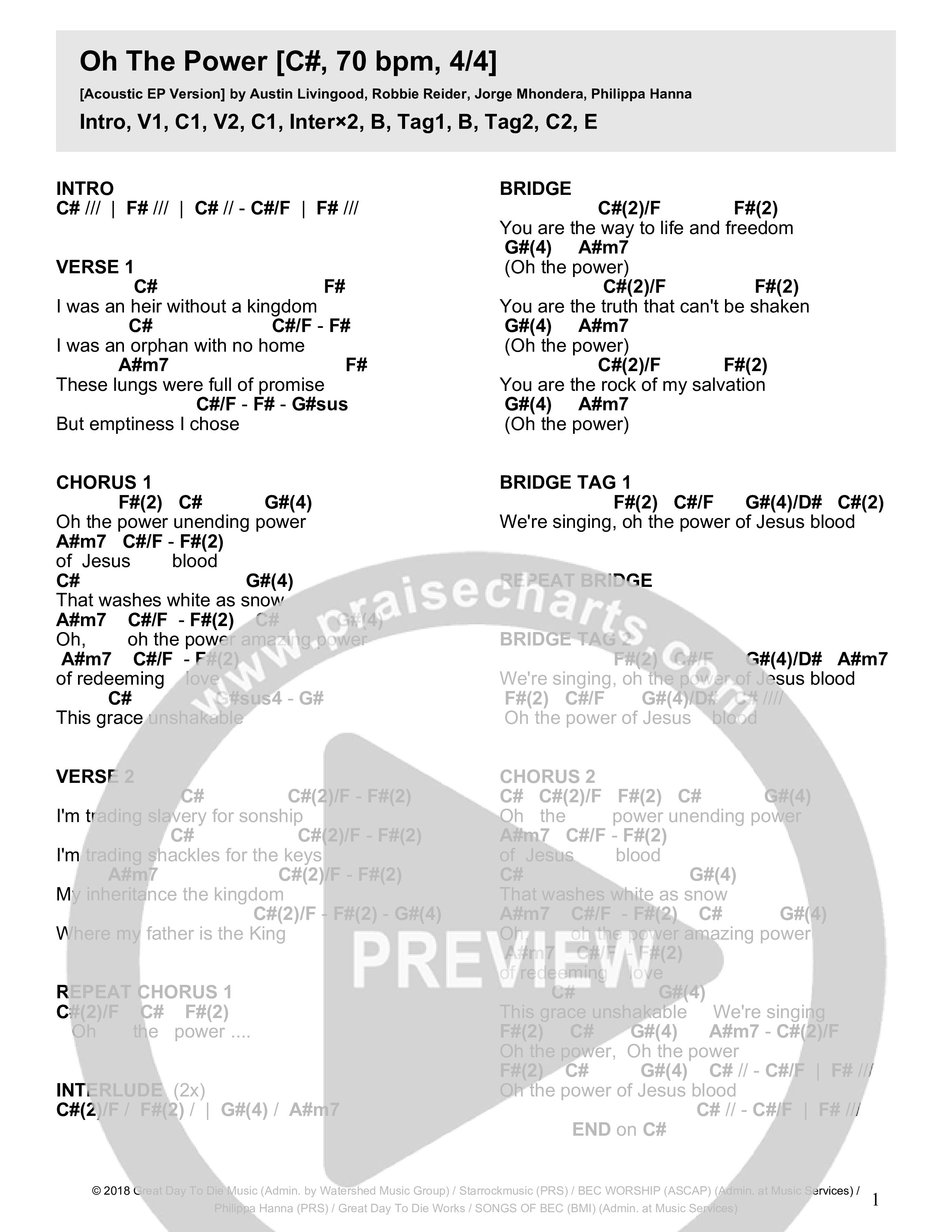 Oh The Power (Acoustic) Chord Chart (Crossroads Music)