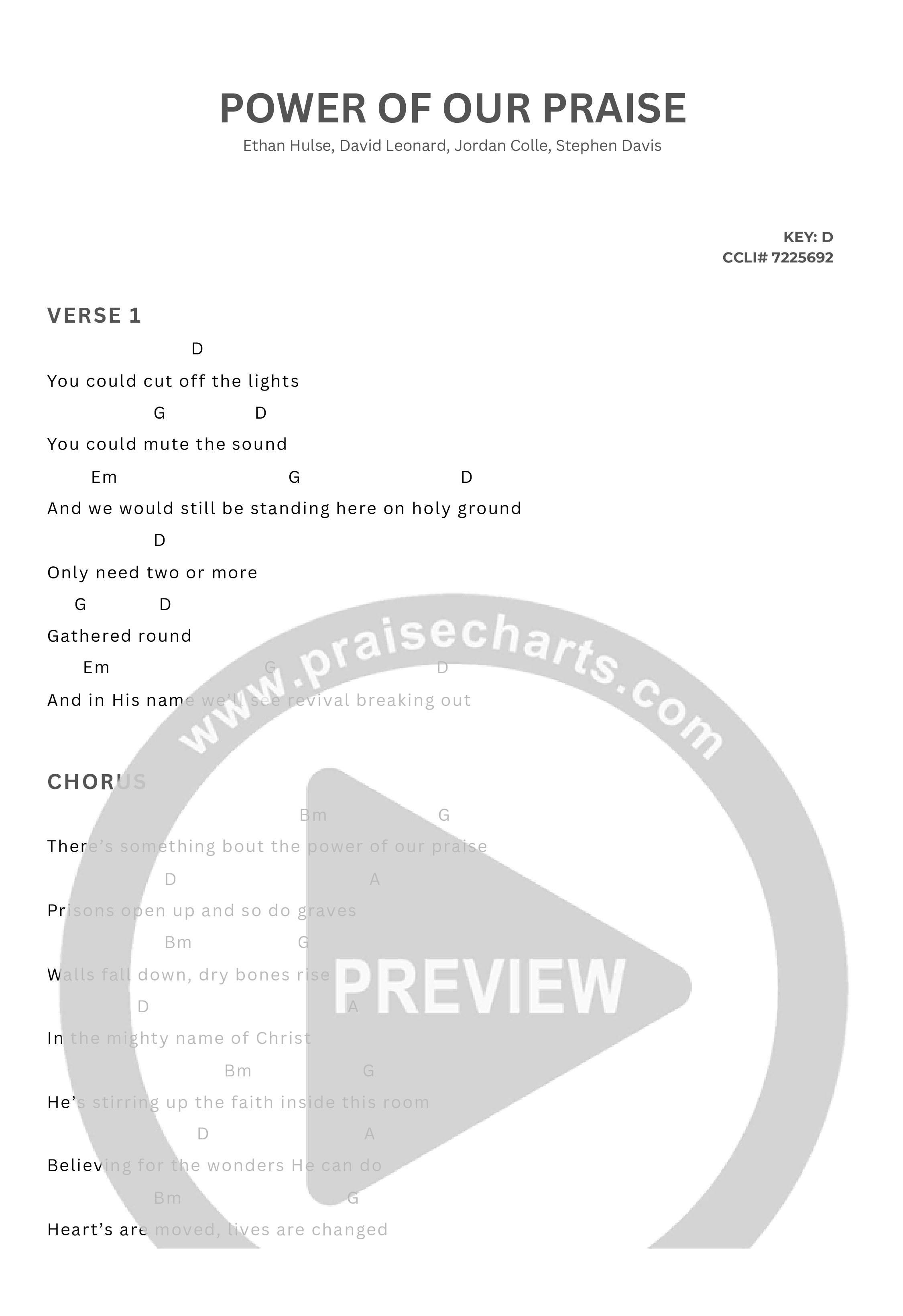 Power Of Our Praise Chord Chart (Sons The Band)