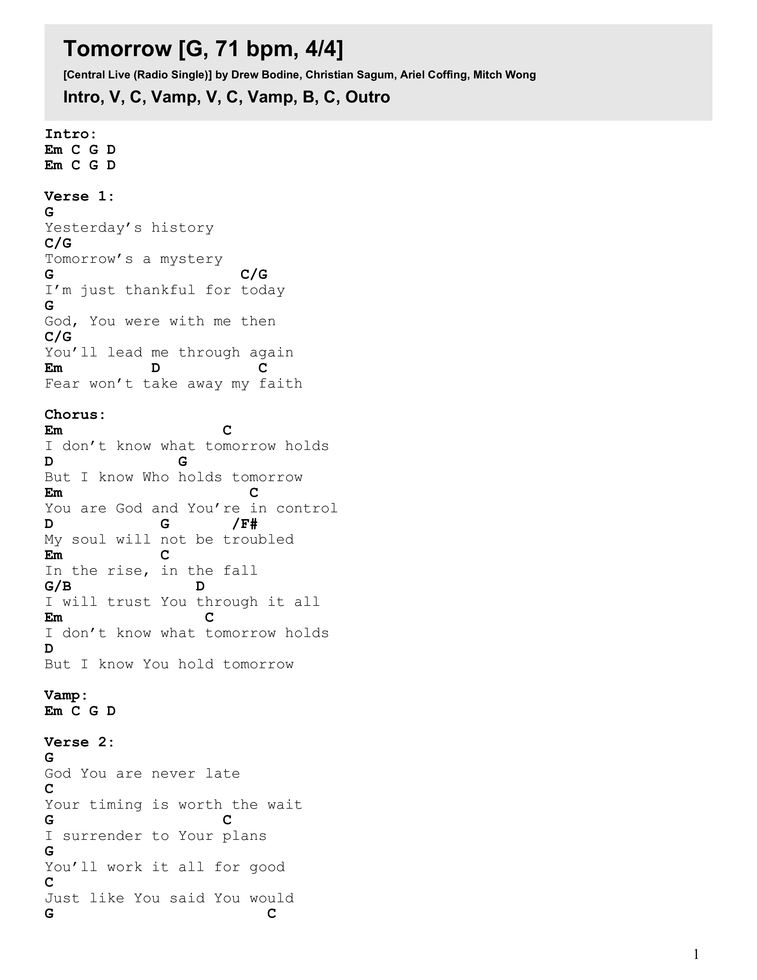 Tomorrow (Radio) Chord Chart (Central Live)