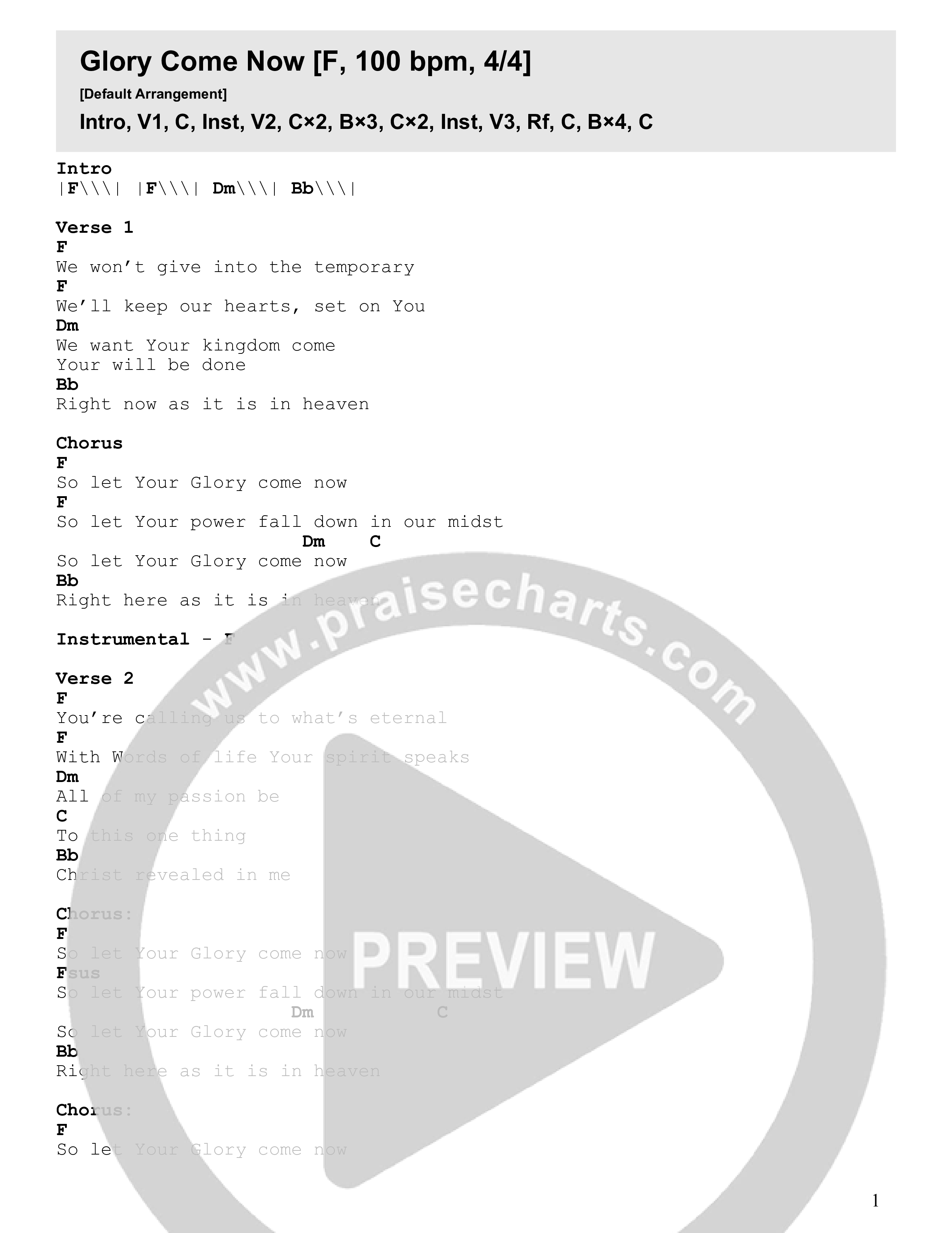 Glory Come Now (Live) Chord Chart (Vive Worship)