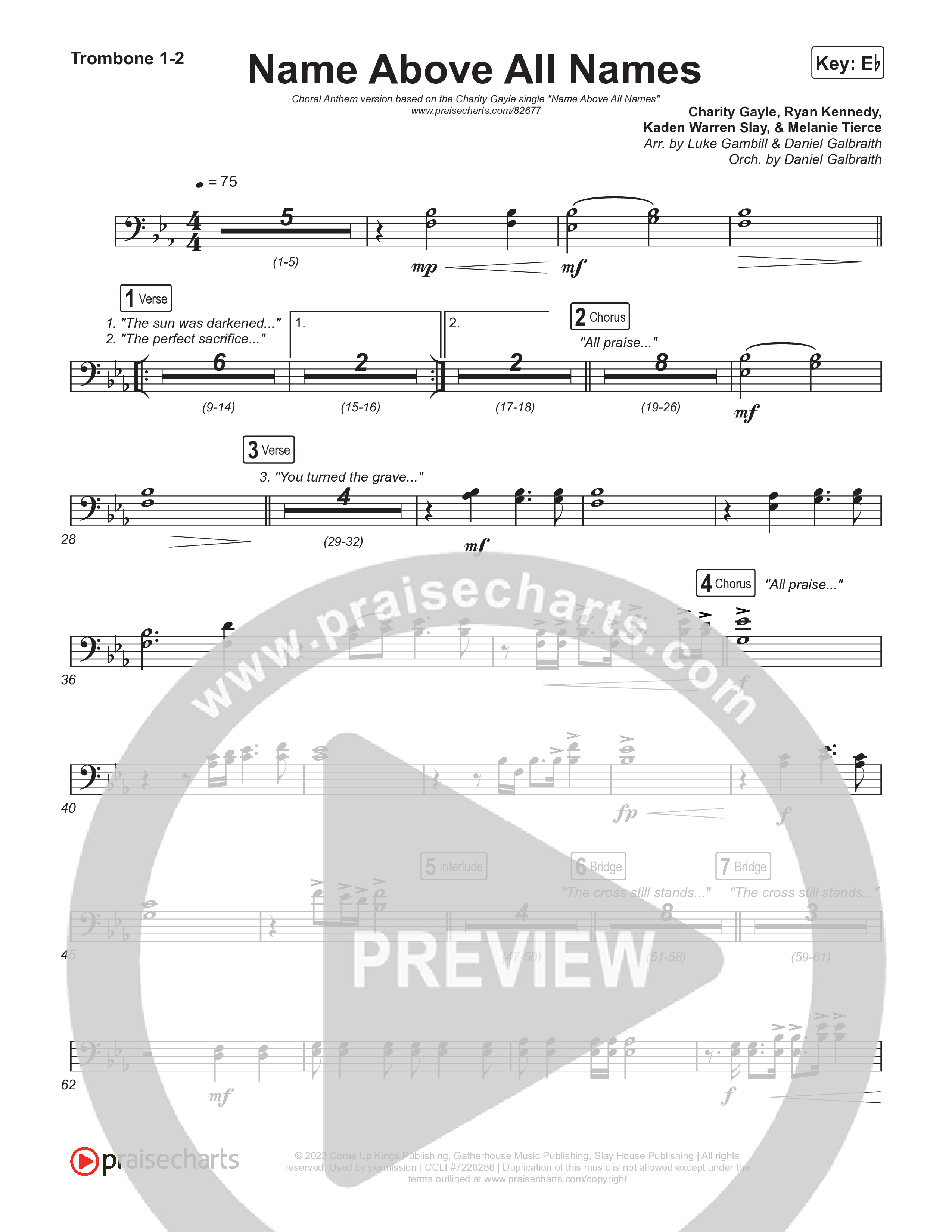 Name Above All Names (Choral Anthem SATB) Trombone 1,2 (Charity Gayle / Arr. Luke Gambill)