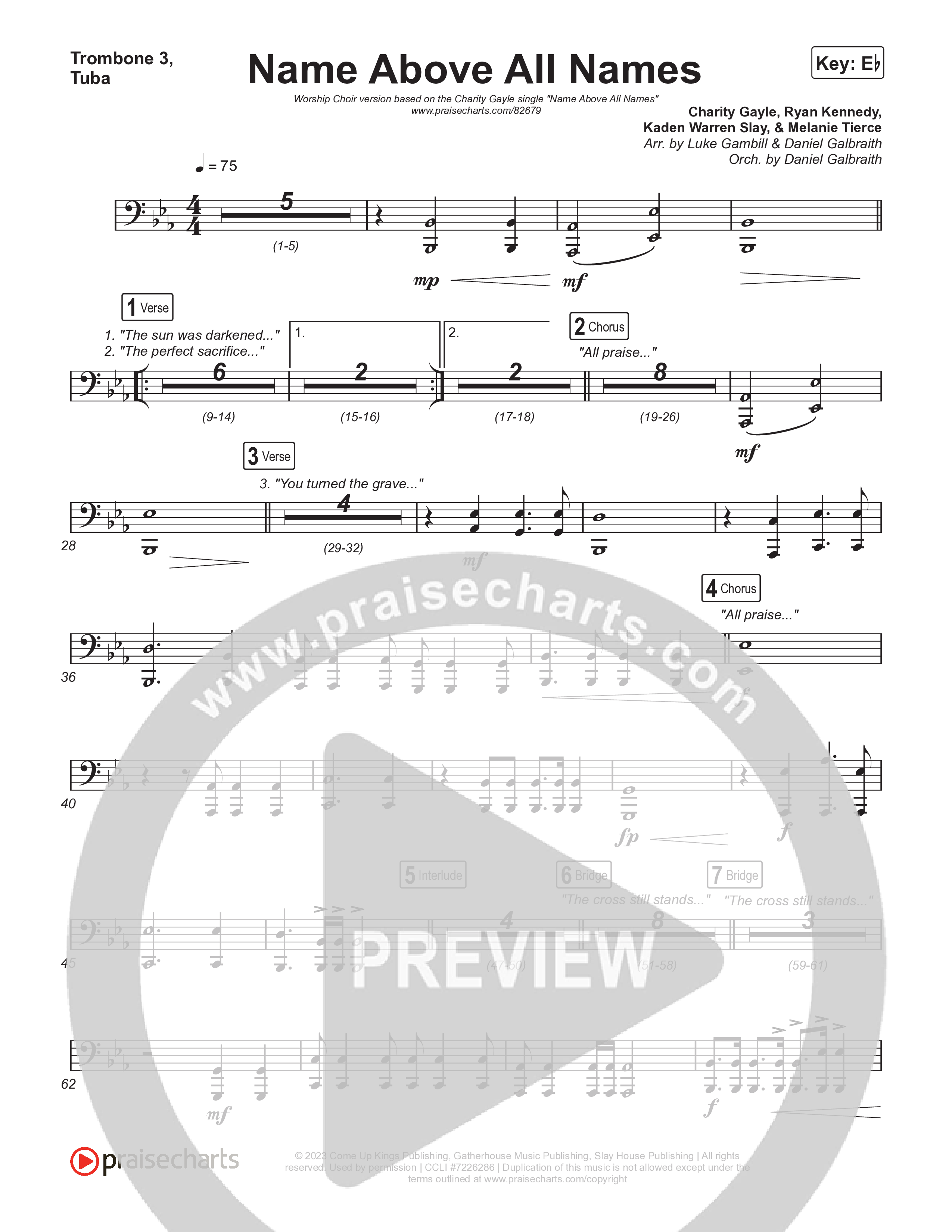 Name Above All Names (Worship Choir/SAB) Trombone 3/Tuba (Charity Gayle / Arr. Luke Gambill)