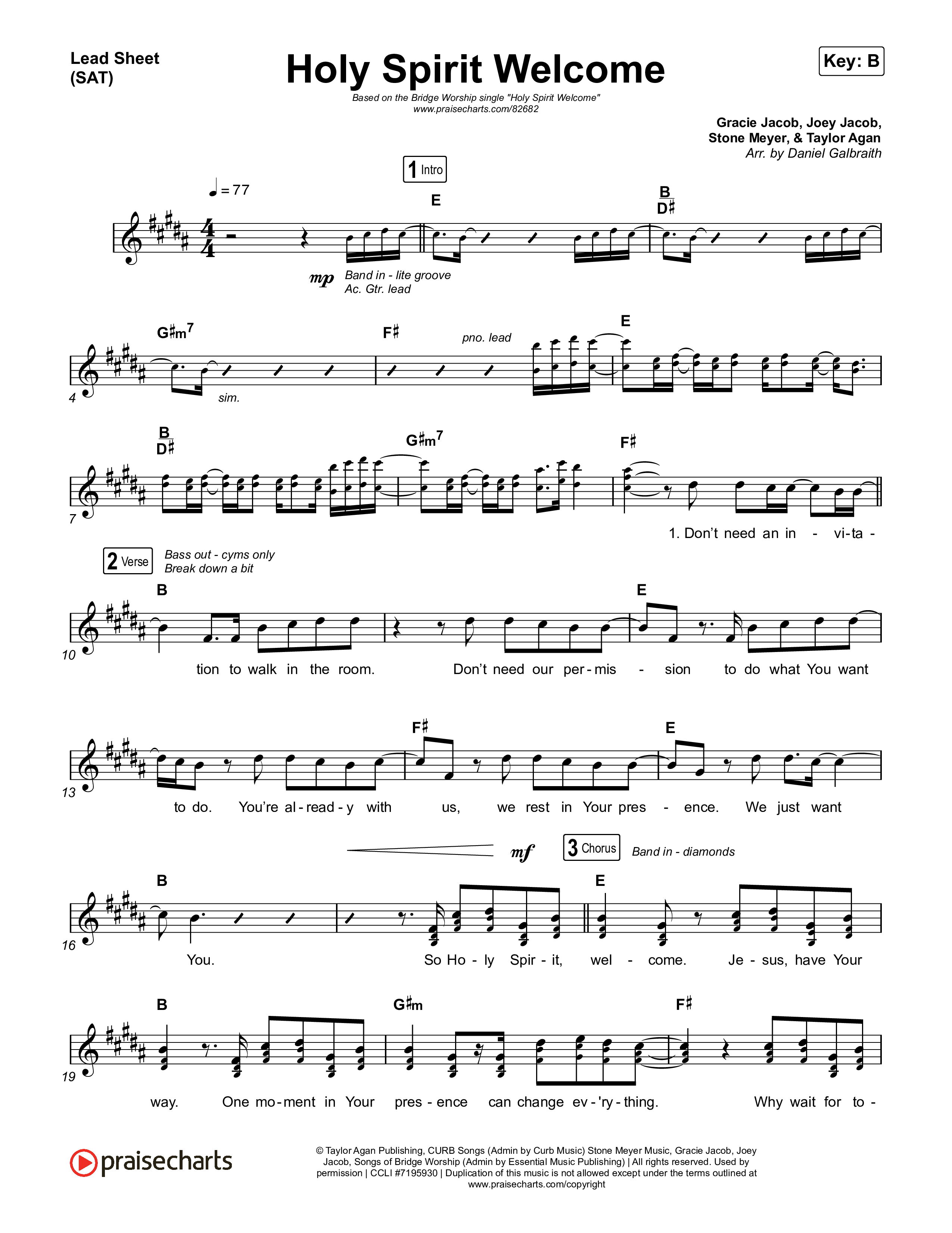 Holy Spirit Welcome (Reimagined) Lead Sheet (SAT) (Bridge Worship)