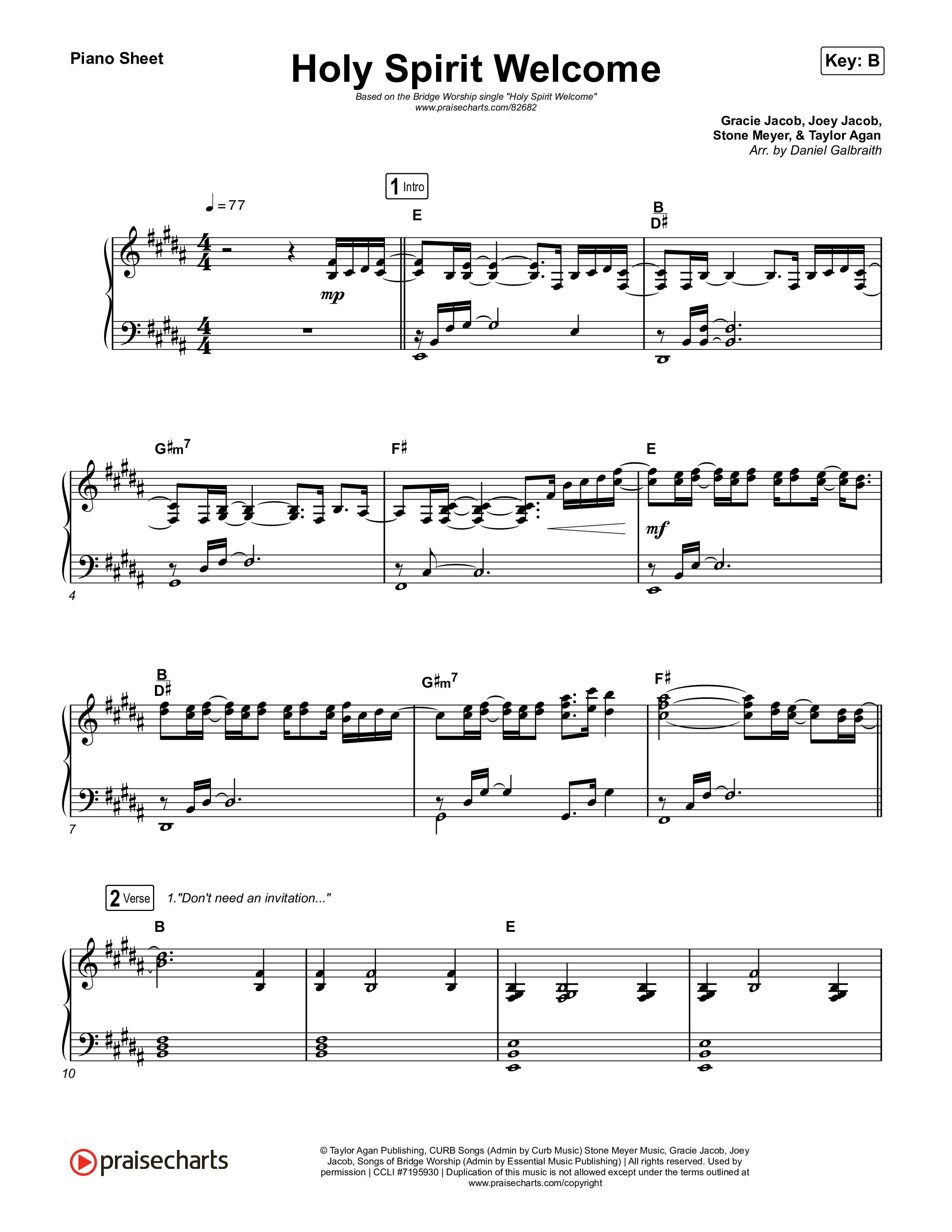 Holy Spirit Welcome (Reimagined) Piano Sheet (Bridge Worship)