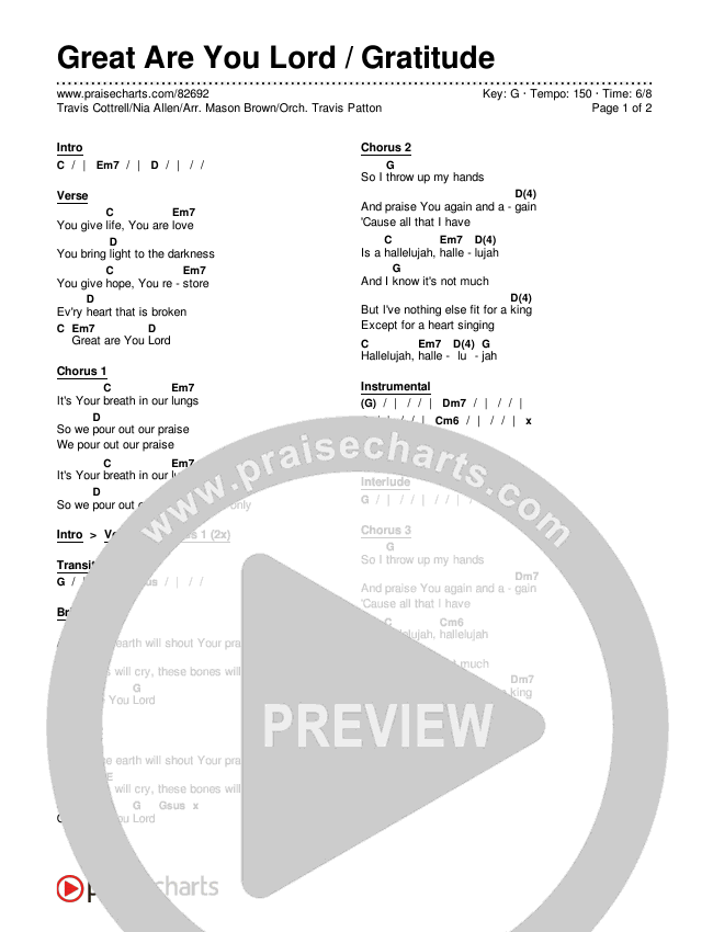 Great Are You Lord / Gratitude (Choral/SATB) Chords & Lyrics (Travis Cottrell / Nia Allen / Arr. Mason Brown / Orch. Travis Patton)