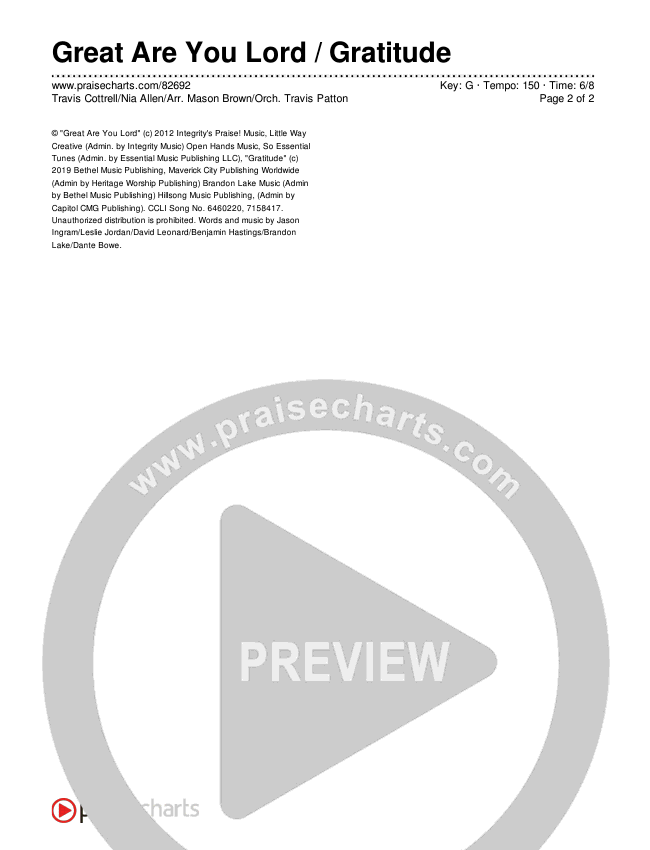 Great Are You Lord / Gratitude (Choral/SATB) Chords & Lyrics (Travis Cottrell / Nia Allen / Arr. Mason Brown / Orch. Travis Patton)