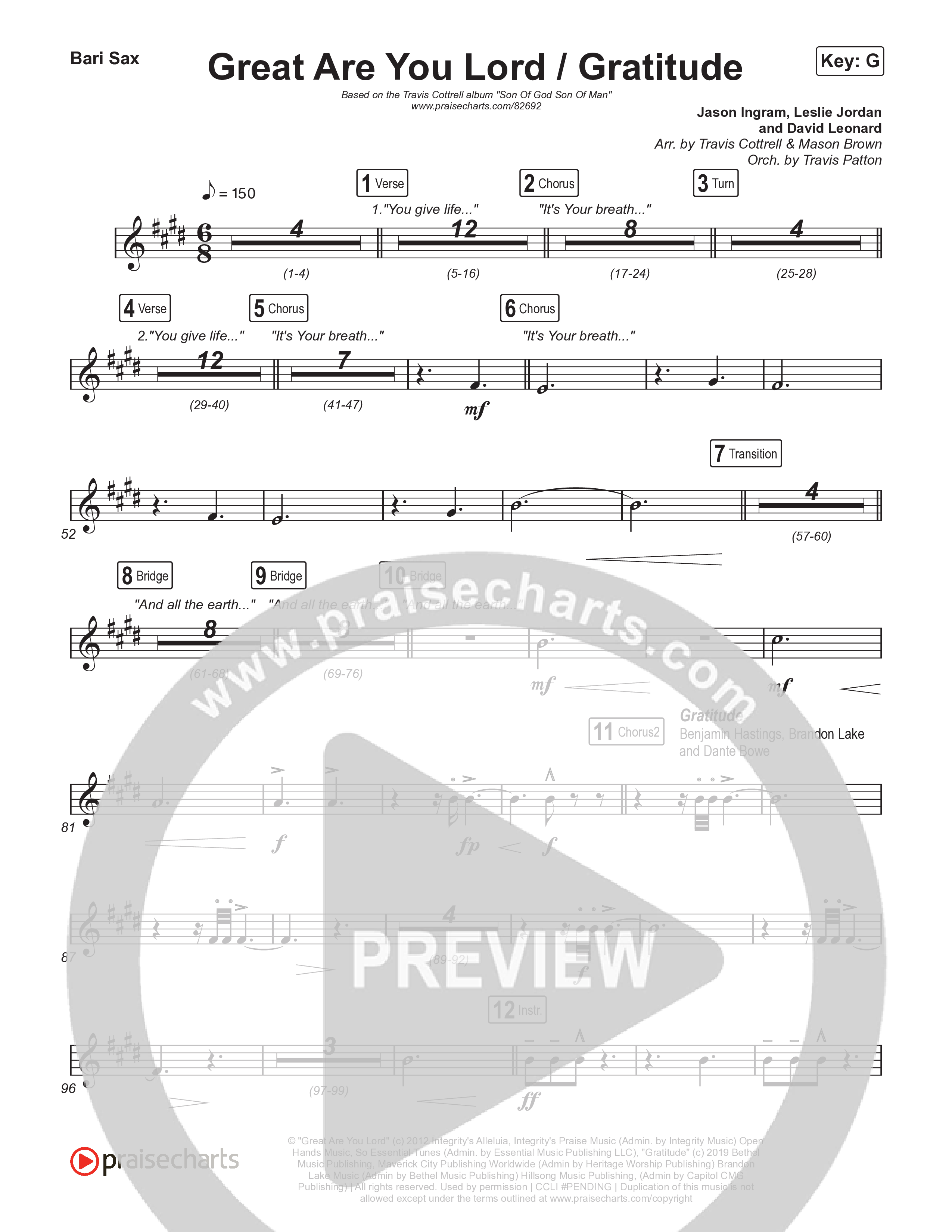 Great Are You Lord / Gratitude (Choral/SATB) Bari Sax (Travis Cottrell / Nia Allen / Arr. Mason Brown / Orch. Travis Patton)