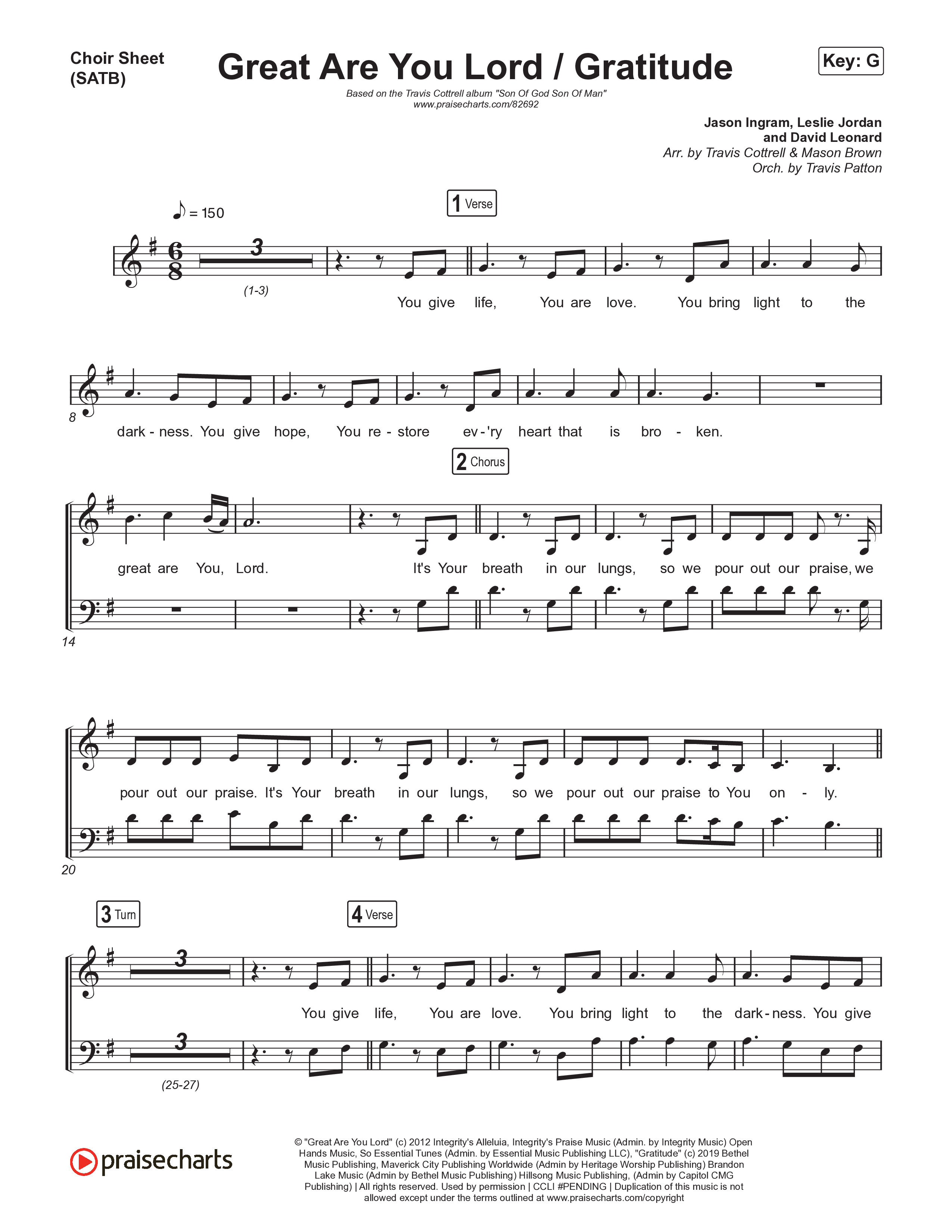 Great Are You Lord / Gratitude Choir Sheet (SATB) (Travis Cottrell / Nia Allen / Arr. Mason Brown / Orch. Travis Patton)
