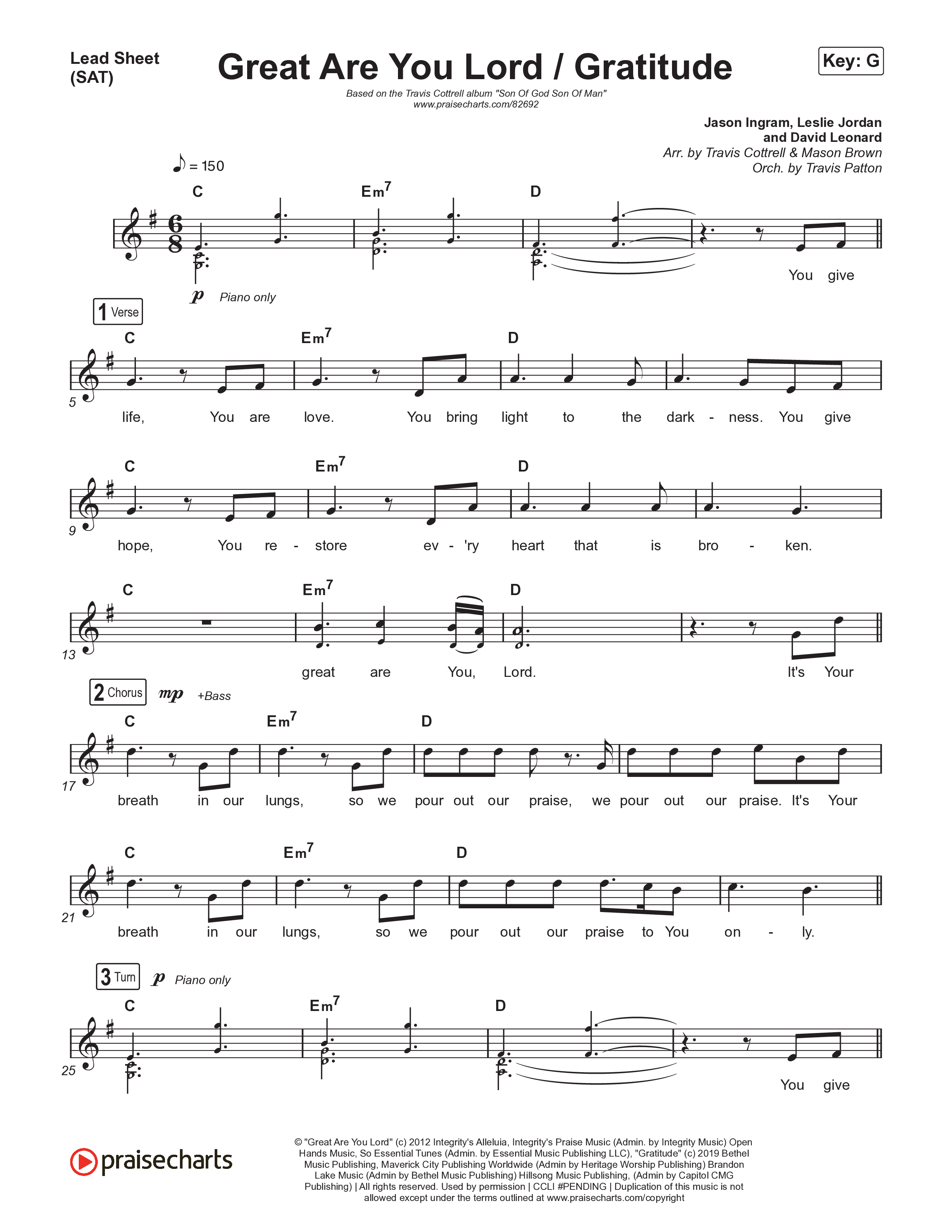 Great Are You Lord / Gratitude (Choral/SATB) Lead Sheet (SAT) (Travis Cottrell / Nia Allen / Arr. Mason Brown / Orch. Travis Patton)