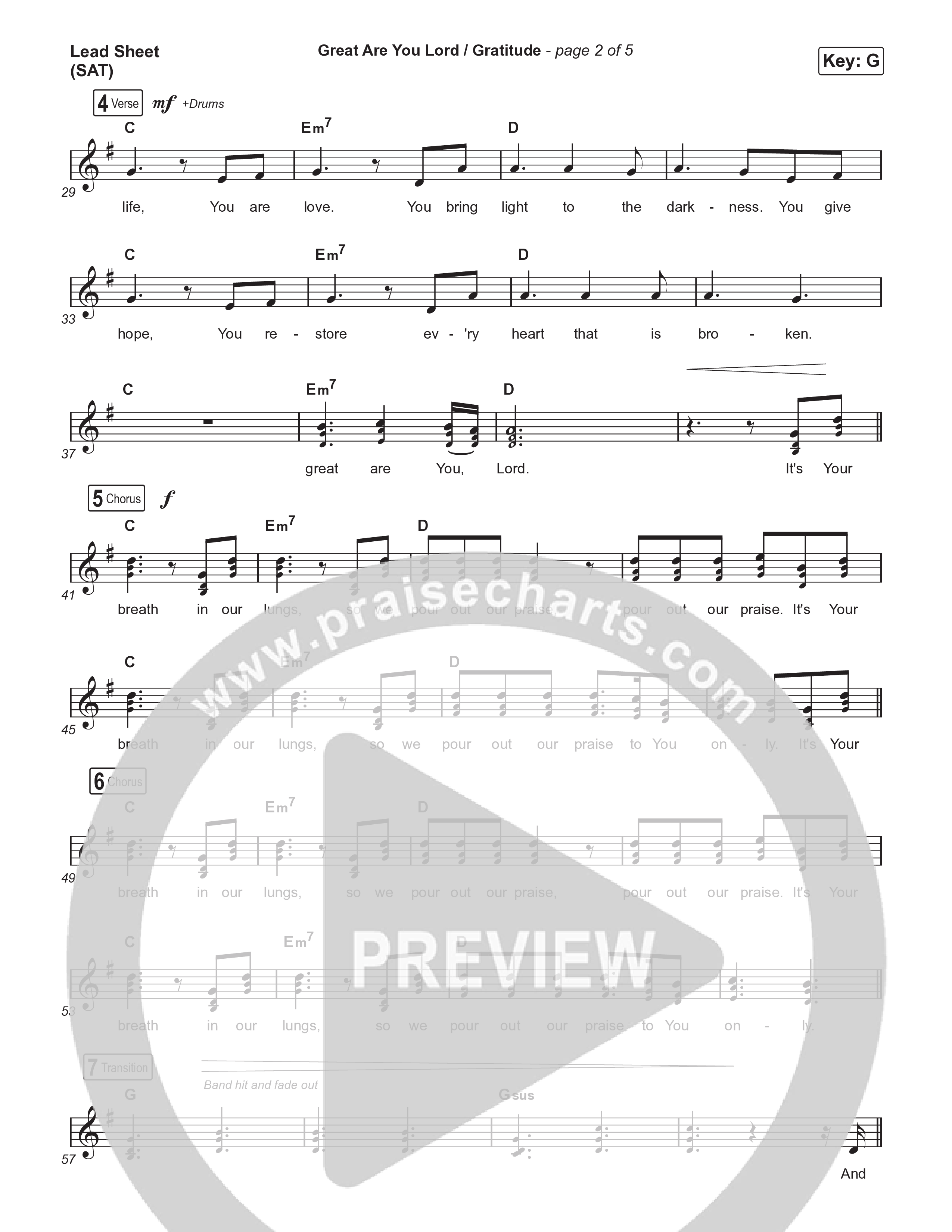 Great Are You Lord / Gratitude (Choral/SATB) Lead Sheet (SAT) (Travis Cottrell / Nia Allen / Arr. Mason Brown / Orch. Travis Patton)