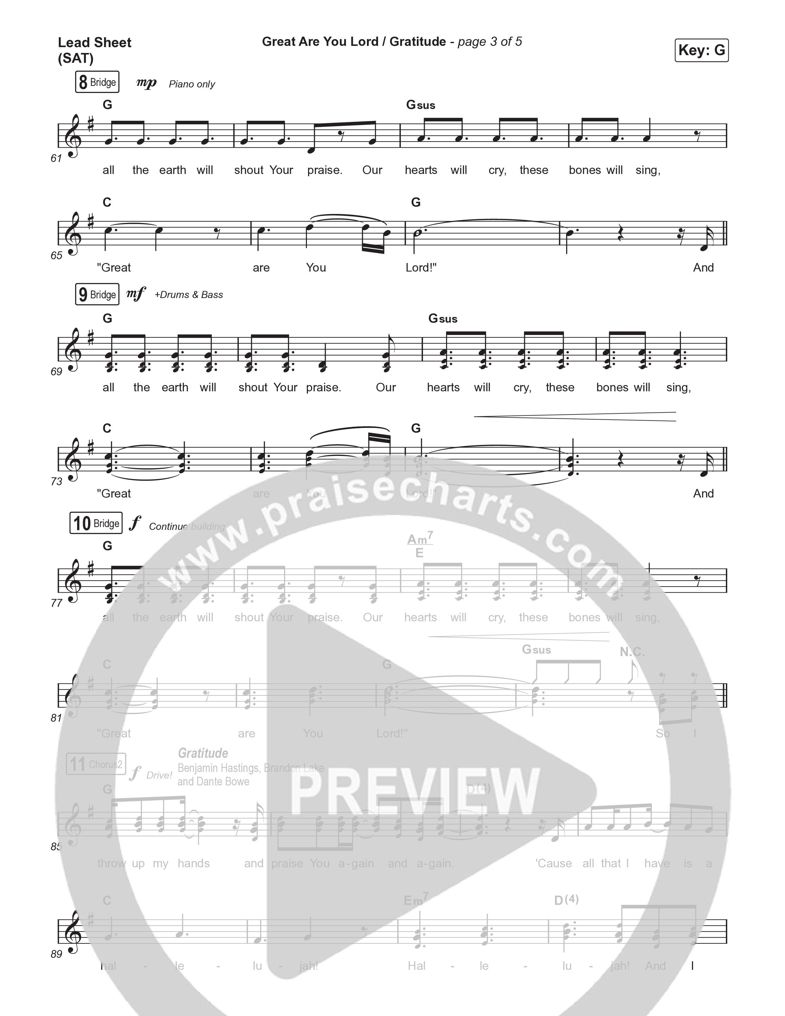 Great Are You Lord / Gratitude (Choral/SATB) Lead Sheet (SAT) (Travis Cottrell / Nia Allen / Arr. Mason Brown / Orch. Travis Patton)