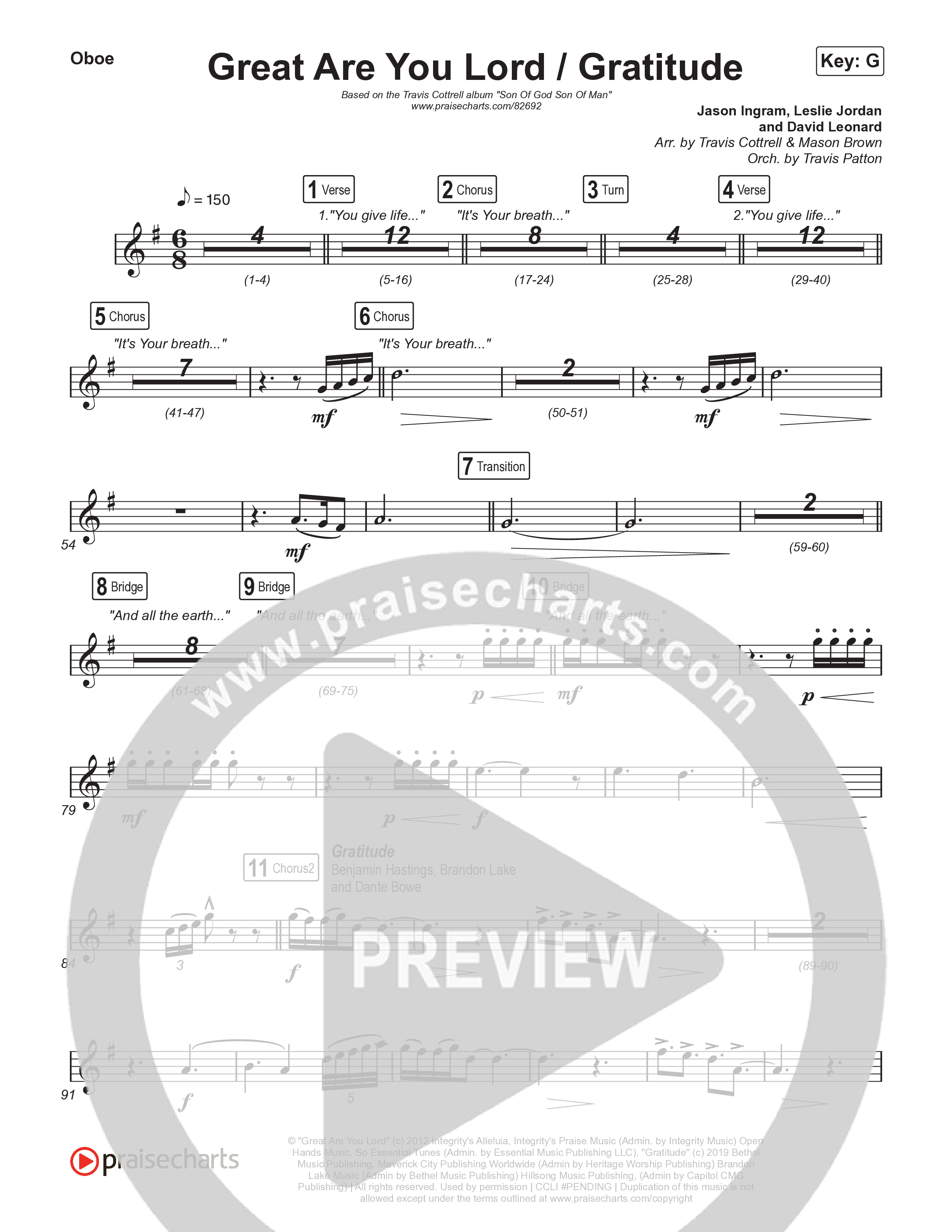 Great Are You Lord / Gratitude (Choral/SATB) Oboe (Travis Cottrell / Nia Allen / Arr. Mason Brown / Orch. Travis Patton)