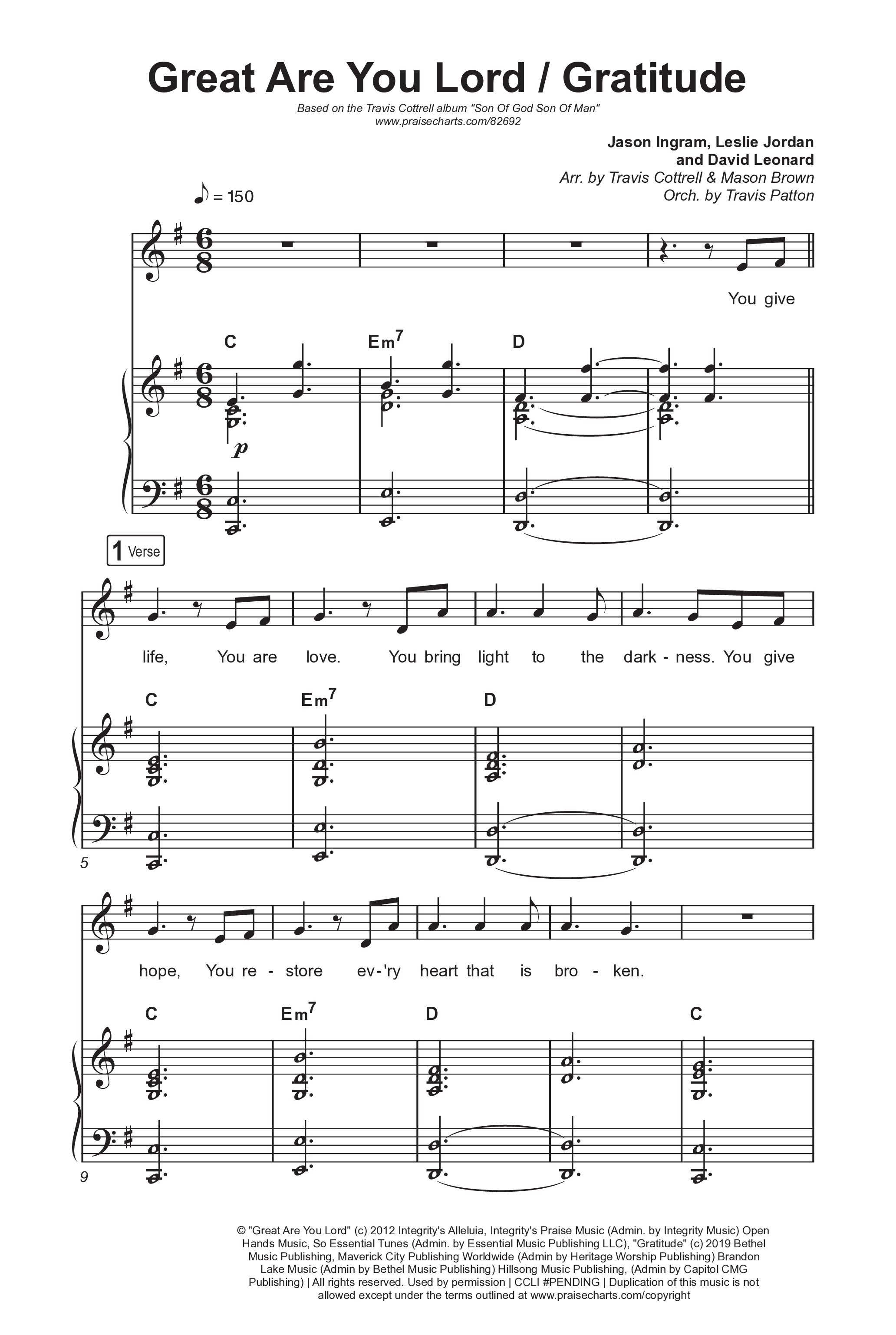 Great Are You Lord / Gratitude (Choral/SATB) Octavo (SATB & Pno) (Travis Cottrell / Nia Allen / Arr. Mason Brown / Orch. Travis Patton)