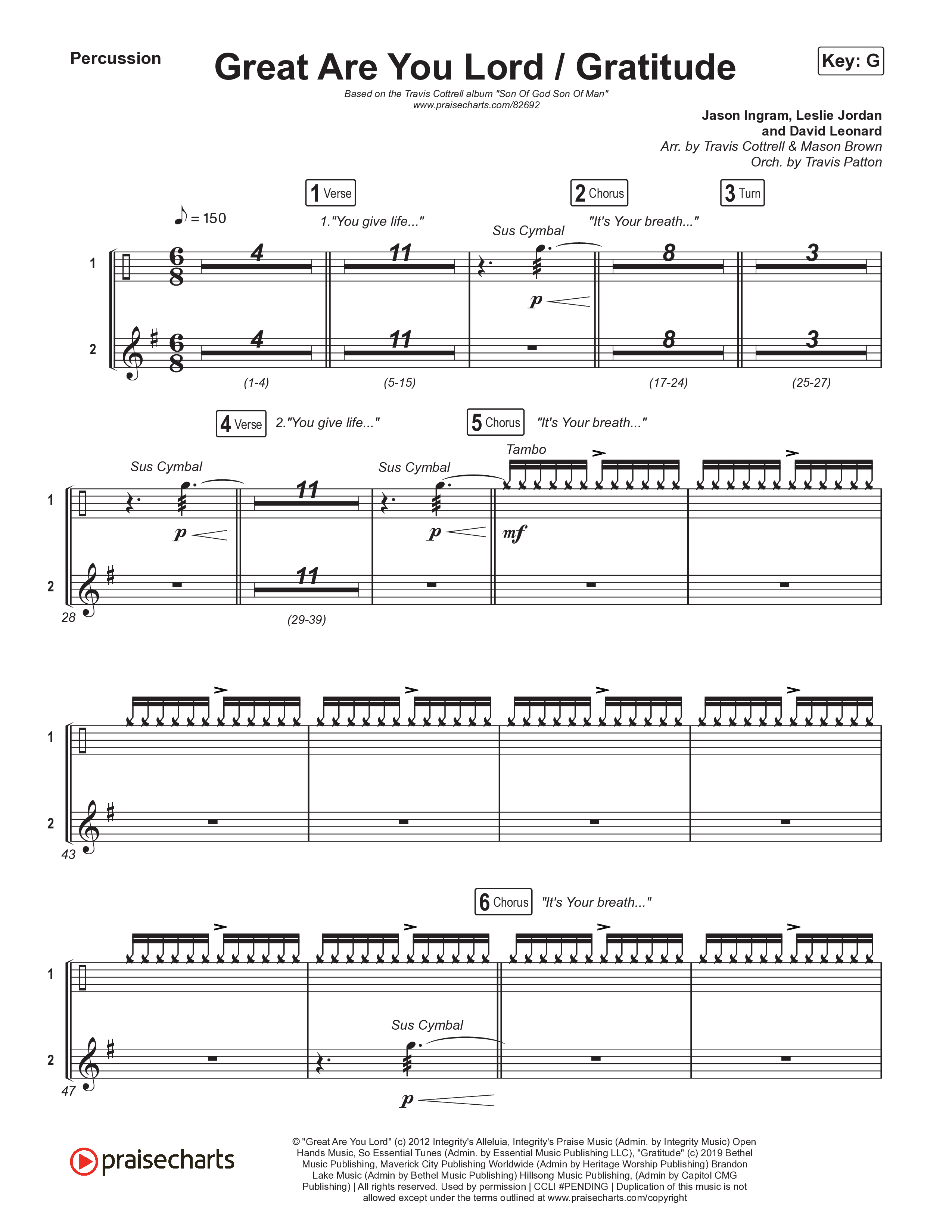 Great Are You Lord / Gratitude (Choral/SATB) Percussion (Travis Cottrell / Nia Allen / Arr. Mason Brown / Orch. Travis Patton)