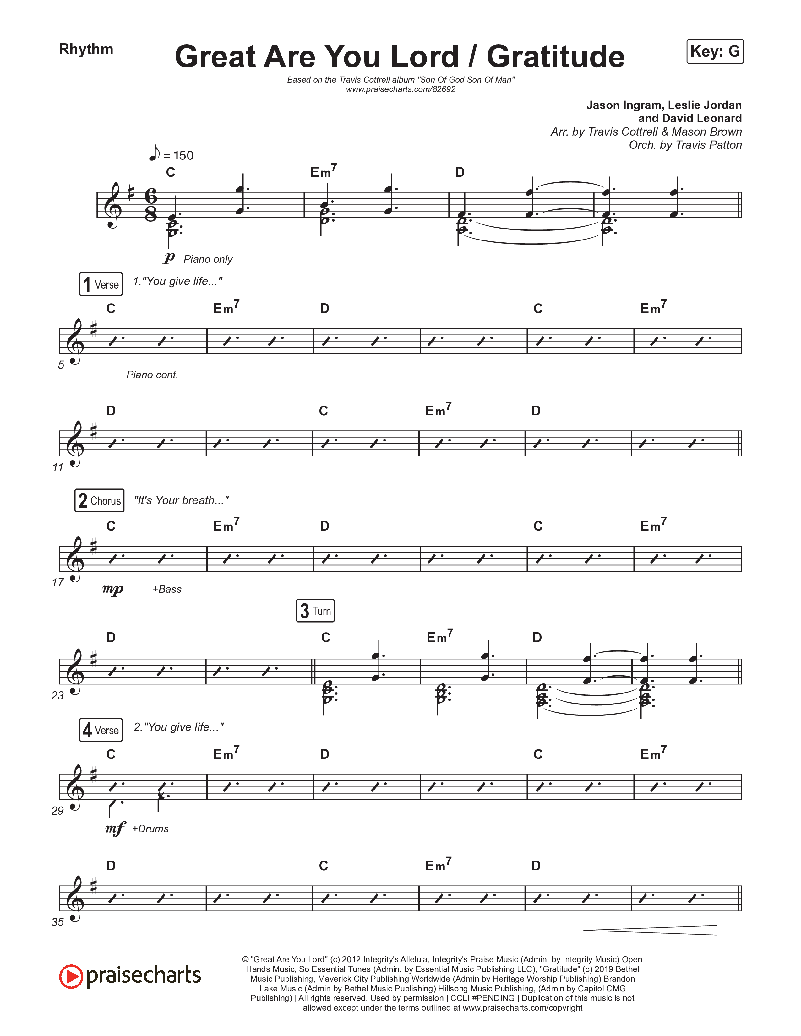 Great Are You Lord / Gratitude (Choral/SATB) Rhythm Chart (Travis Cottrell / Nia Allen / Arr. Mason Brown / Orch. Travis Patton)