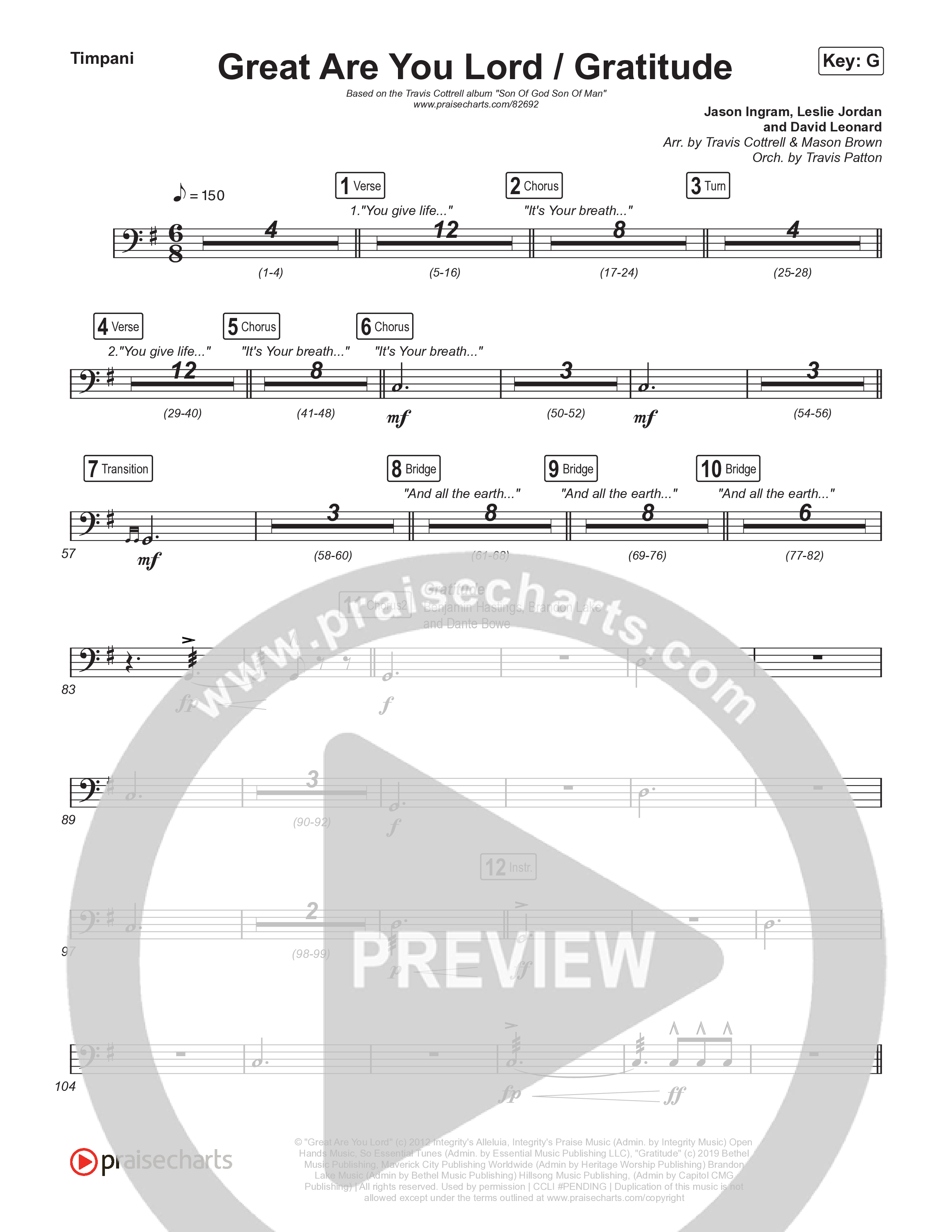 Great Are You Lord / Gratitude (Choral/SATB) Timpani (Travis Cottrell / Nia Allen / Arr. Mason Brown / Orch. Travis Patton)