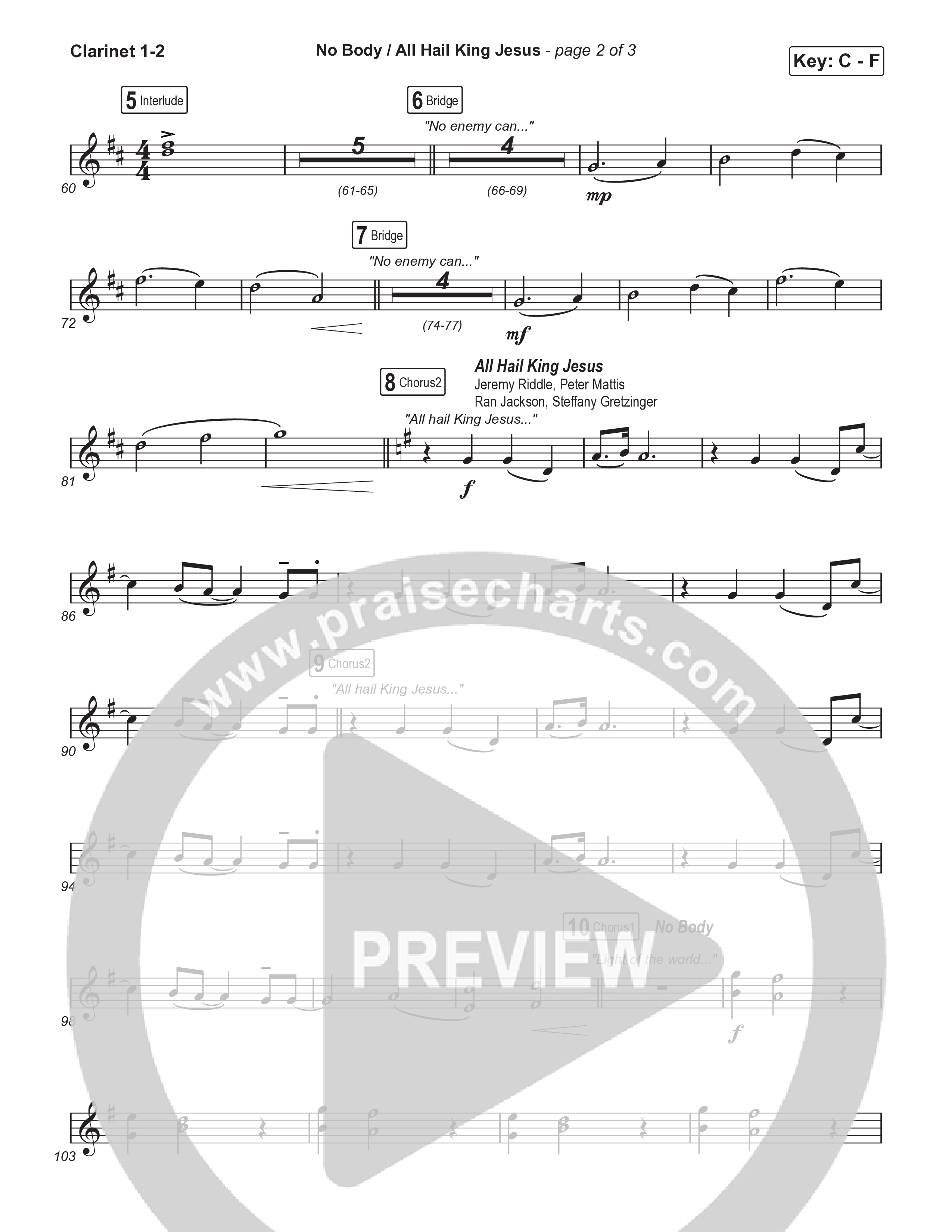 No Body / All Hail King Jesus (Choral/SATB) Clarinet 1,2 (Travis Cottrell / Skye Reedy / Arr. Mason Brown)