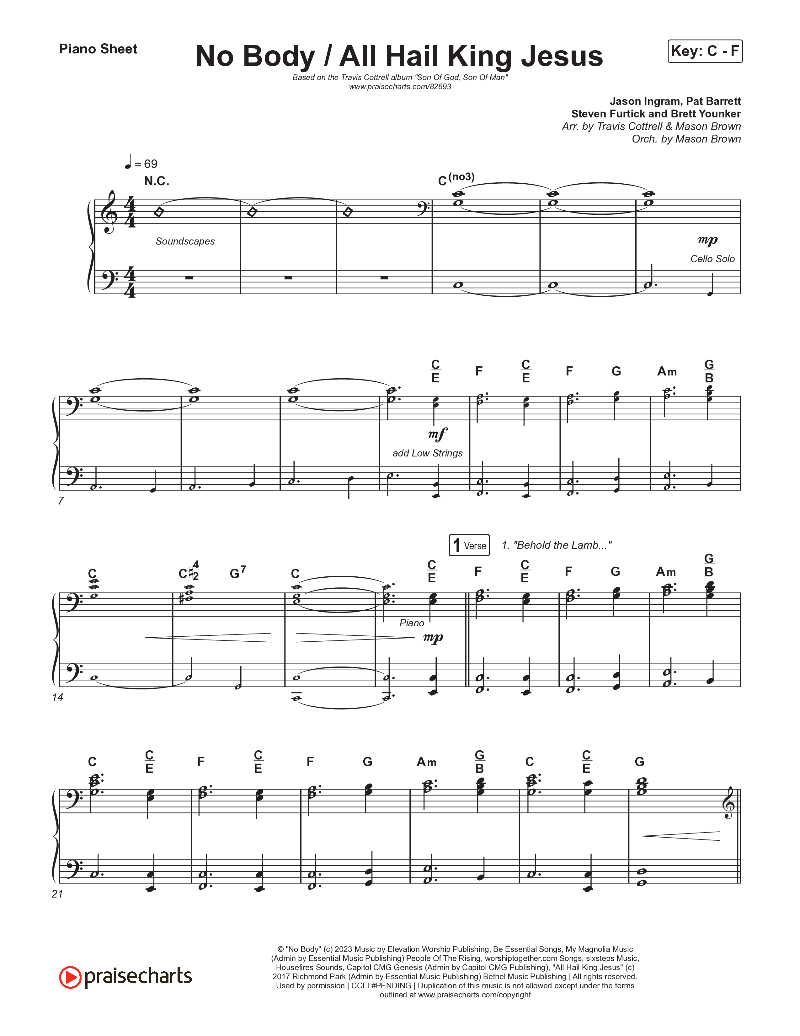 No Body / All Hail King Jesus Piano Sheet (Travis Cottrell / Skye Reedy / Arr. Mason Brown)