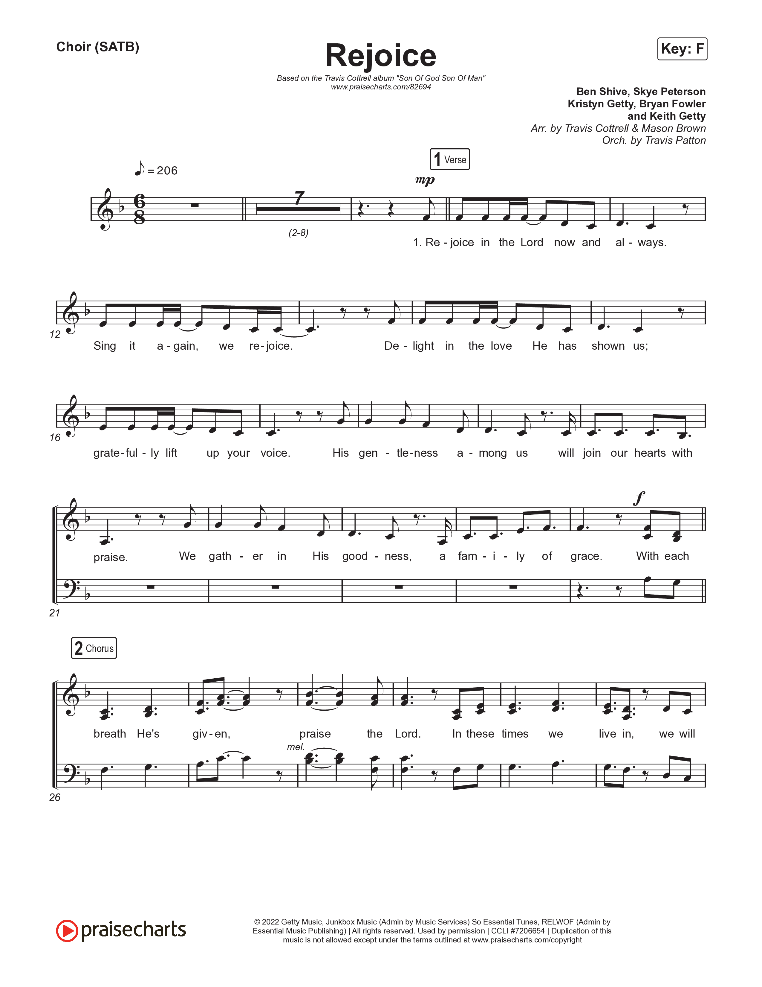 Rejoice Choir Sheet (SATB) (Travis Cottrell / Arr. Mason Brown / Orch. Travis Patton)