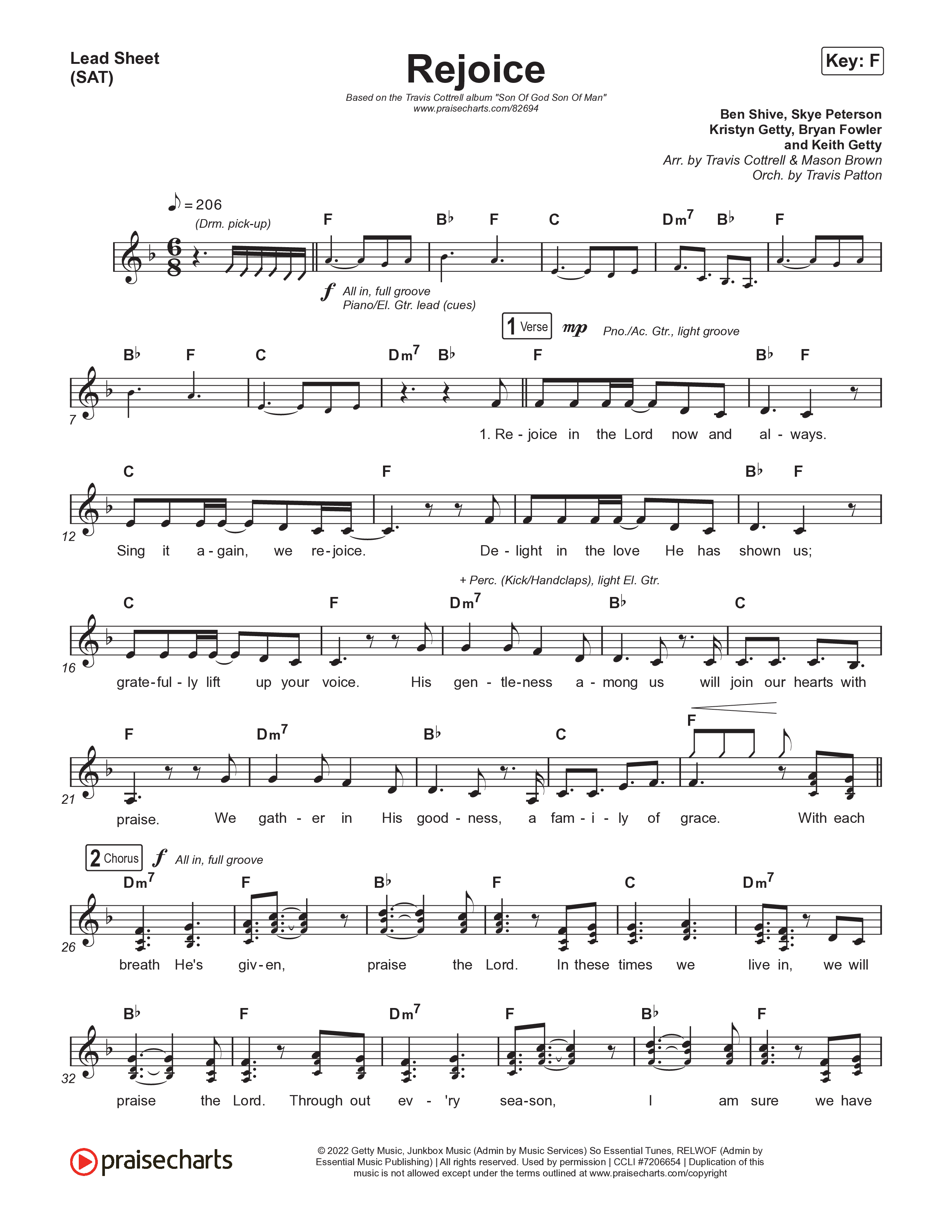 Rejoice (Choral/SATB) Lead Sheet (SAT) (Travis Cottrell / Arr. Mason Brown / Orch. Travis Patton)