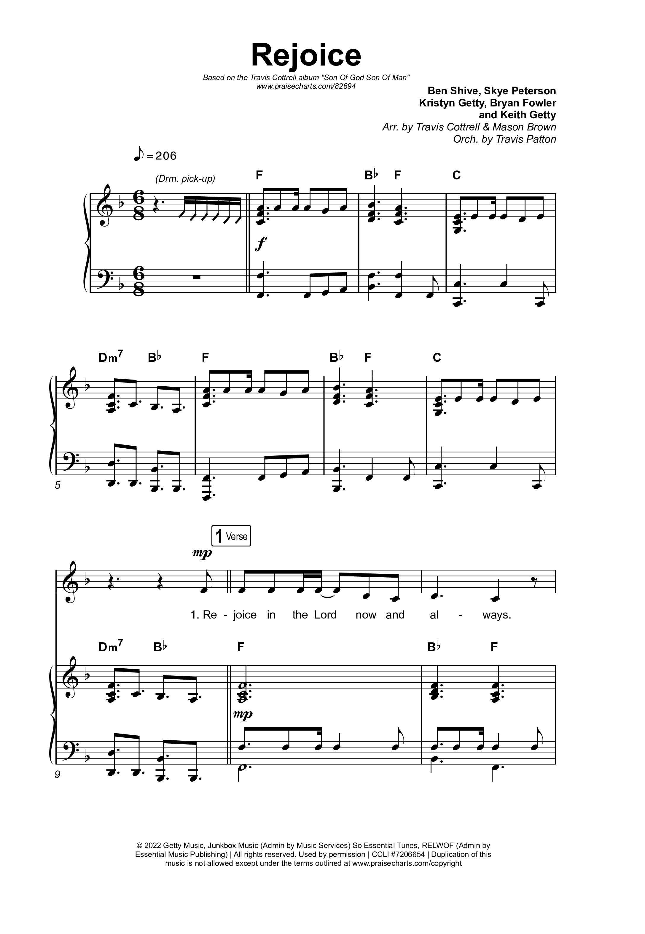 Rejoice (Choral/SATB) Octavo (SATB & Pno) (Travis Cottrell / Arr. Mason Brown / Orch. Travis Patton)