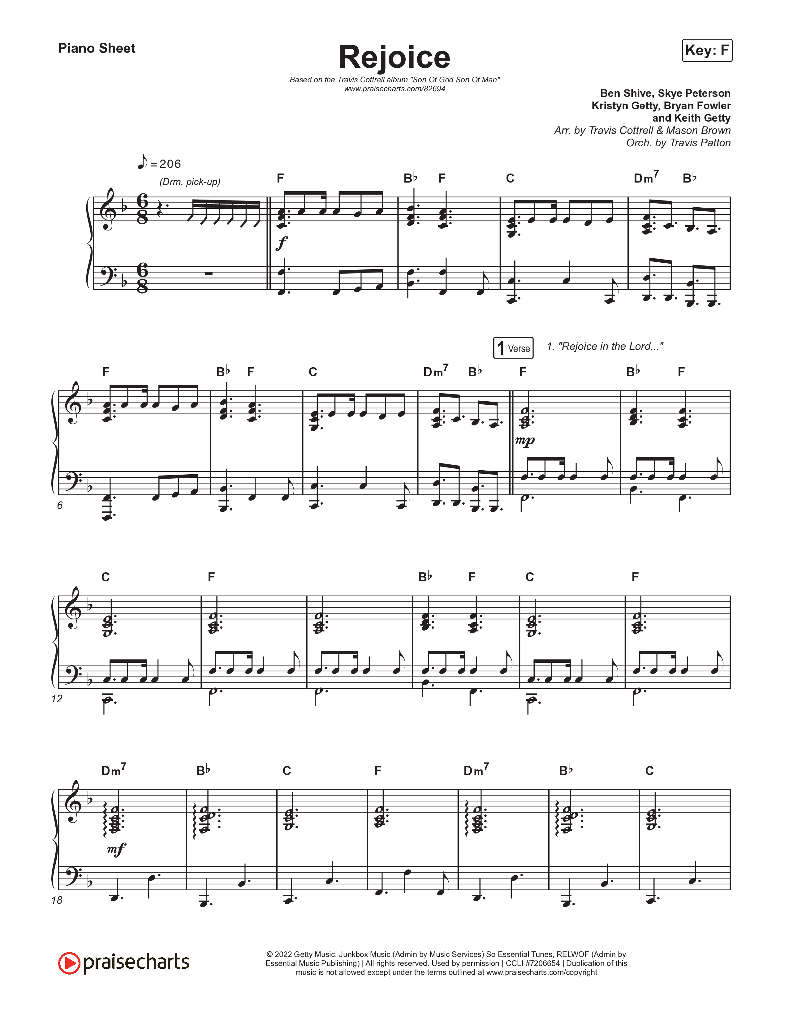 Rejoice (Choral/SATB) Piano Sheet (Travis Cottrell / Arr. Mason Brown / Orch. Travis Patton)