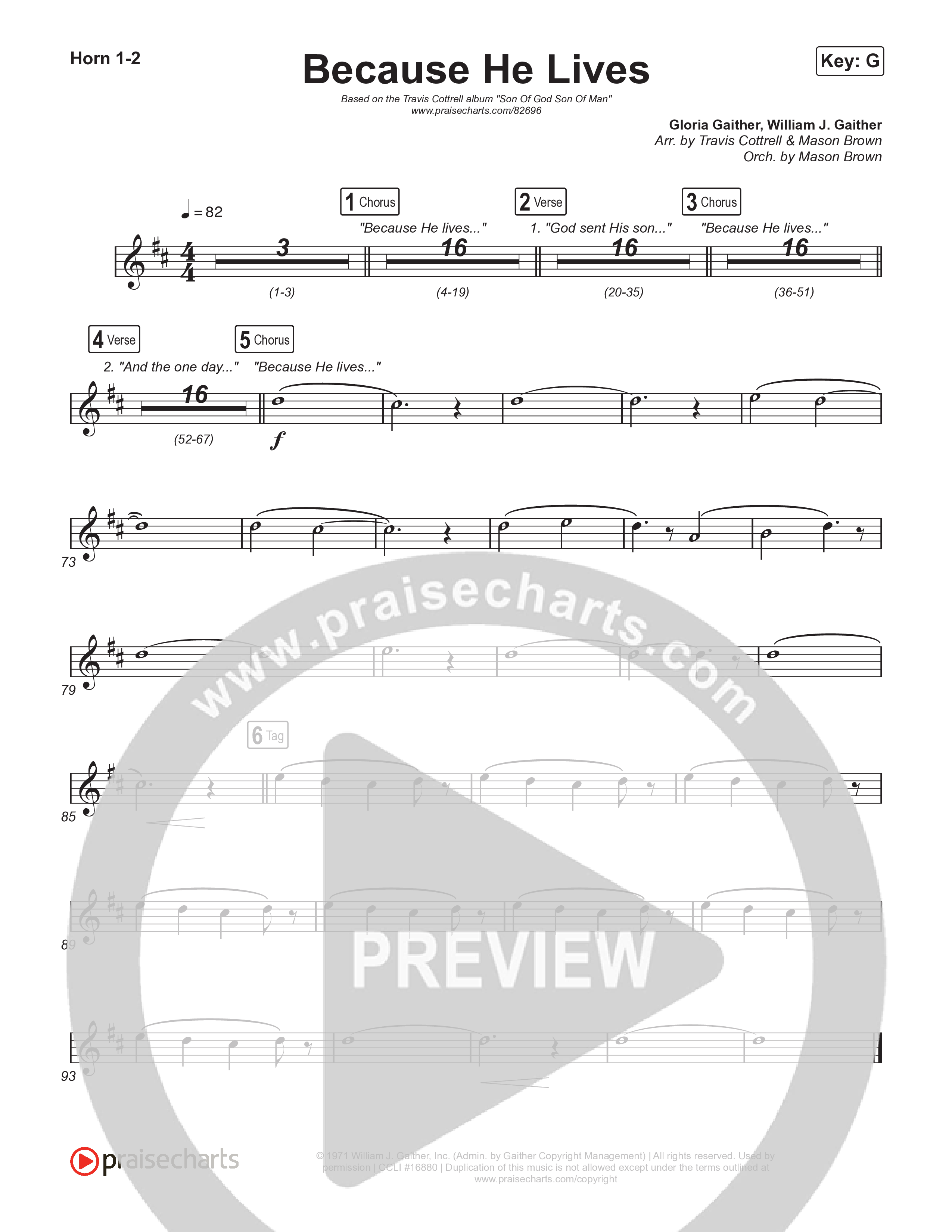 Because He Lives (Choral/SATB) French Horn 1,2 (Travis Cottrell / Brooke Voland / Arr. Mason Brown)