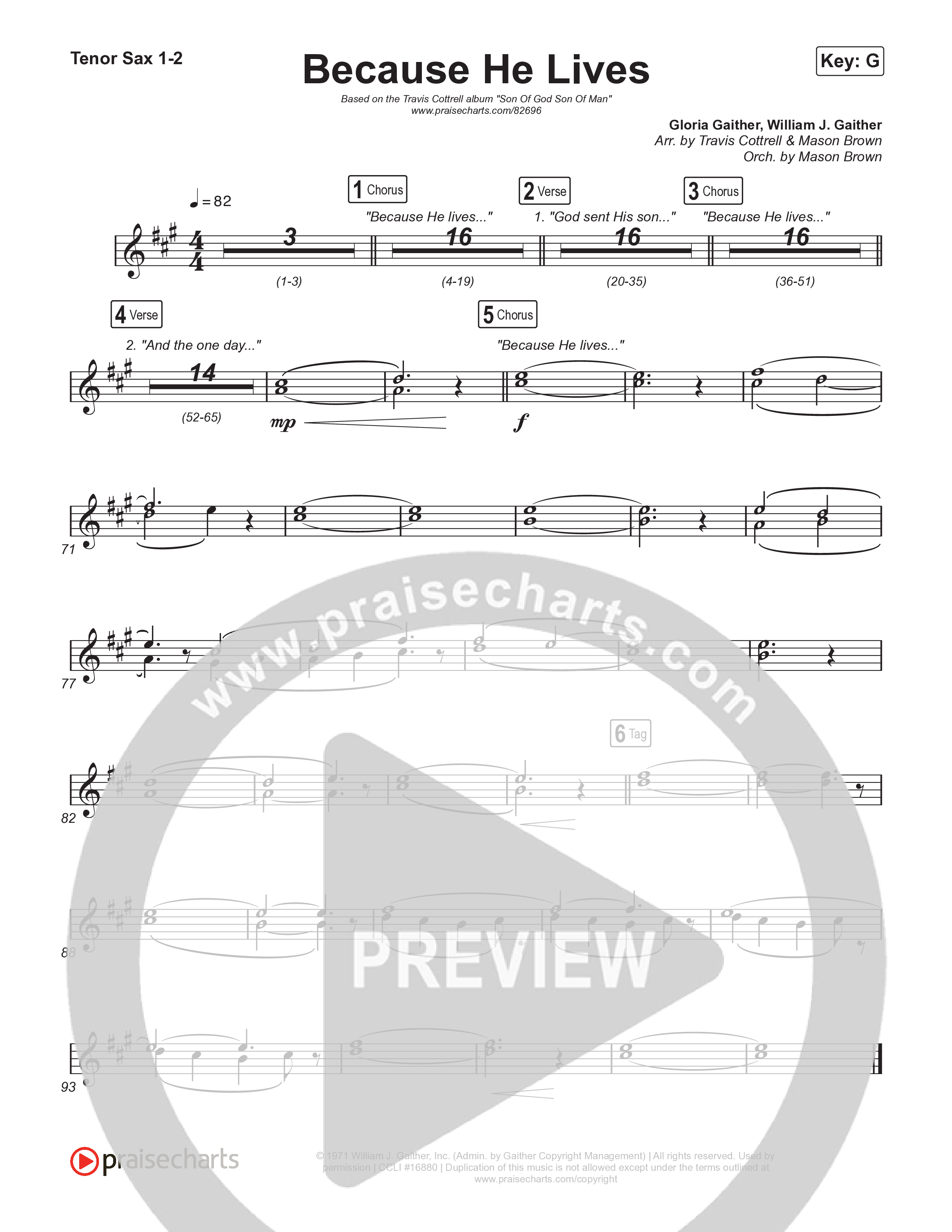 Because He Lives (Choral/SATB) Tenor Sax 1,2 (Travis Cottrell / Brooke Voland / Arr. Mason Brown)