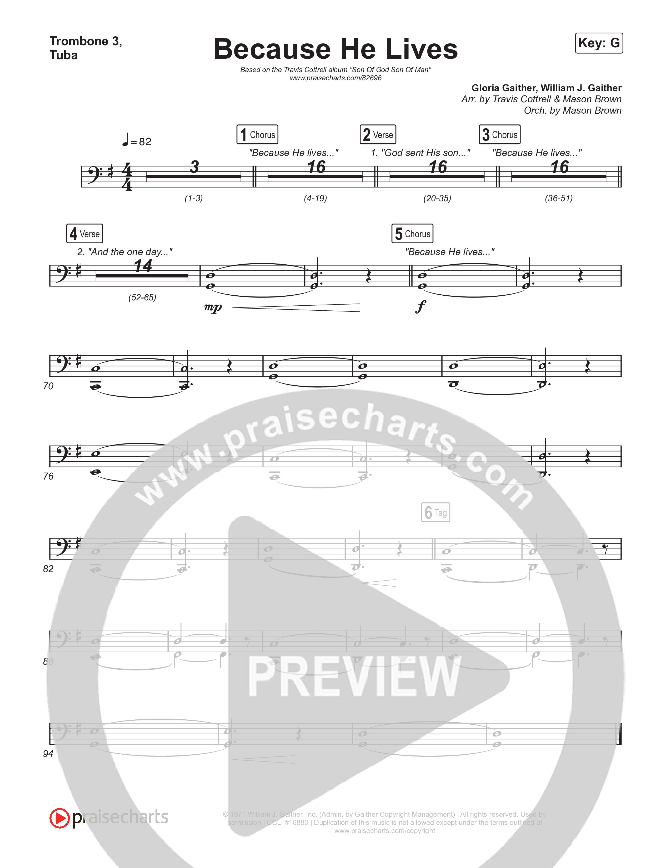 Because He Lives (Choral/SATB) Trombone 1,2 (Travis Cottrell / Brooke Voland / Arr. Mason Brown)