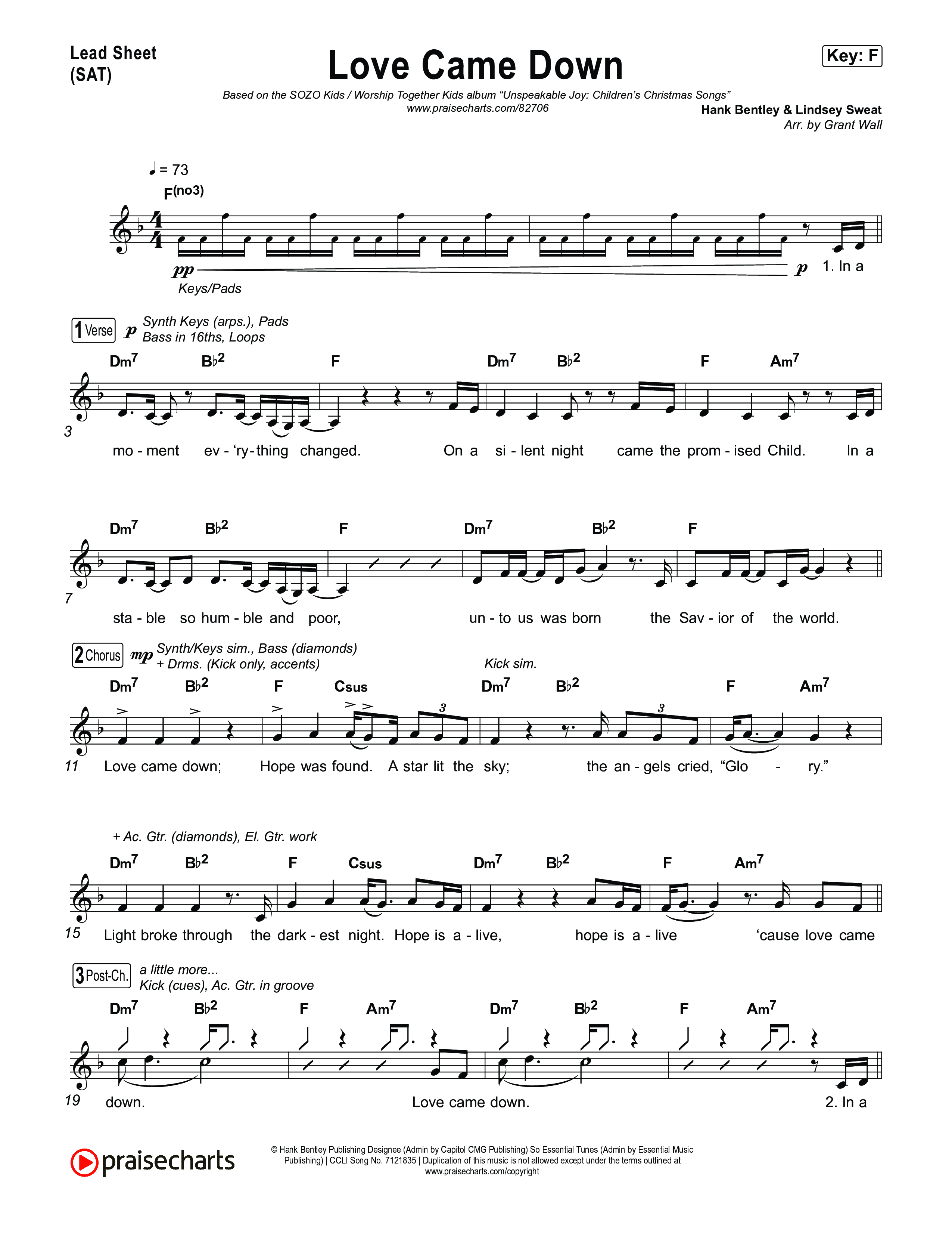 Love Came Down Lead Sheet (SAT) (SOZO Kids / Worship Together Kids)