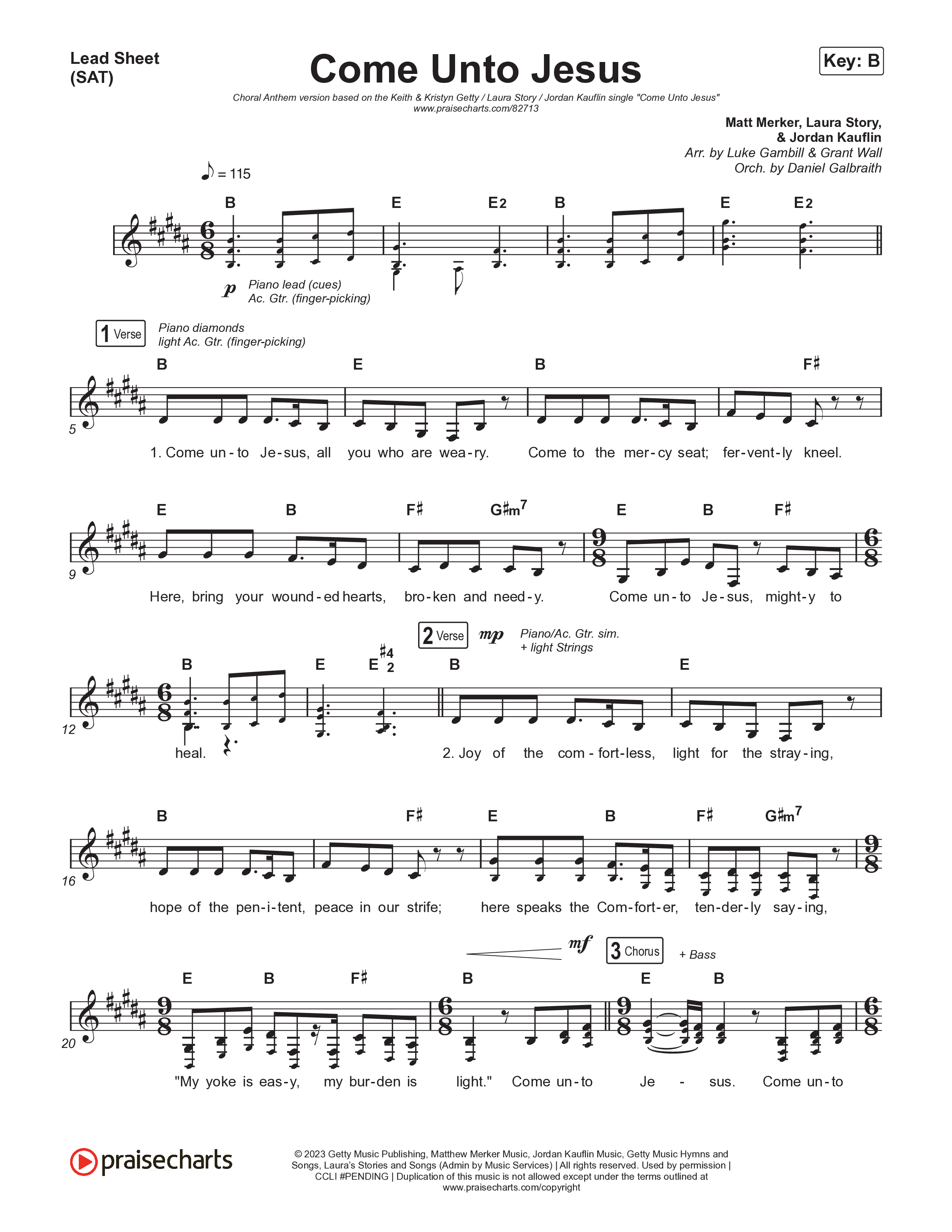 Come Unto Jesus (Choral Anthem SATB) Lead Sheet (SAT) (Keith & Kristyn Getty / Laura Story / Jordan Kauflin / Arr. Luke Gambill)