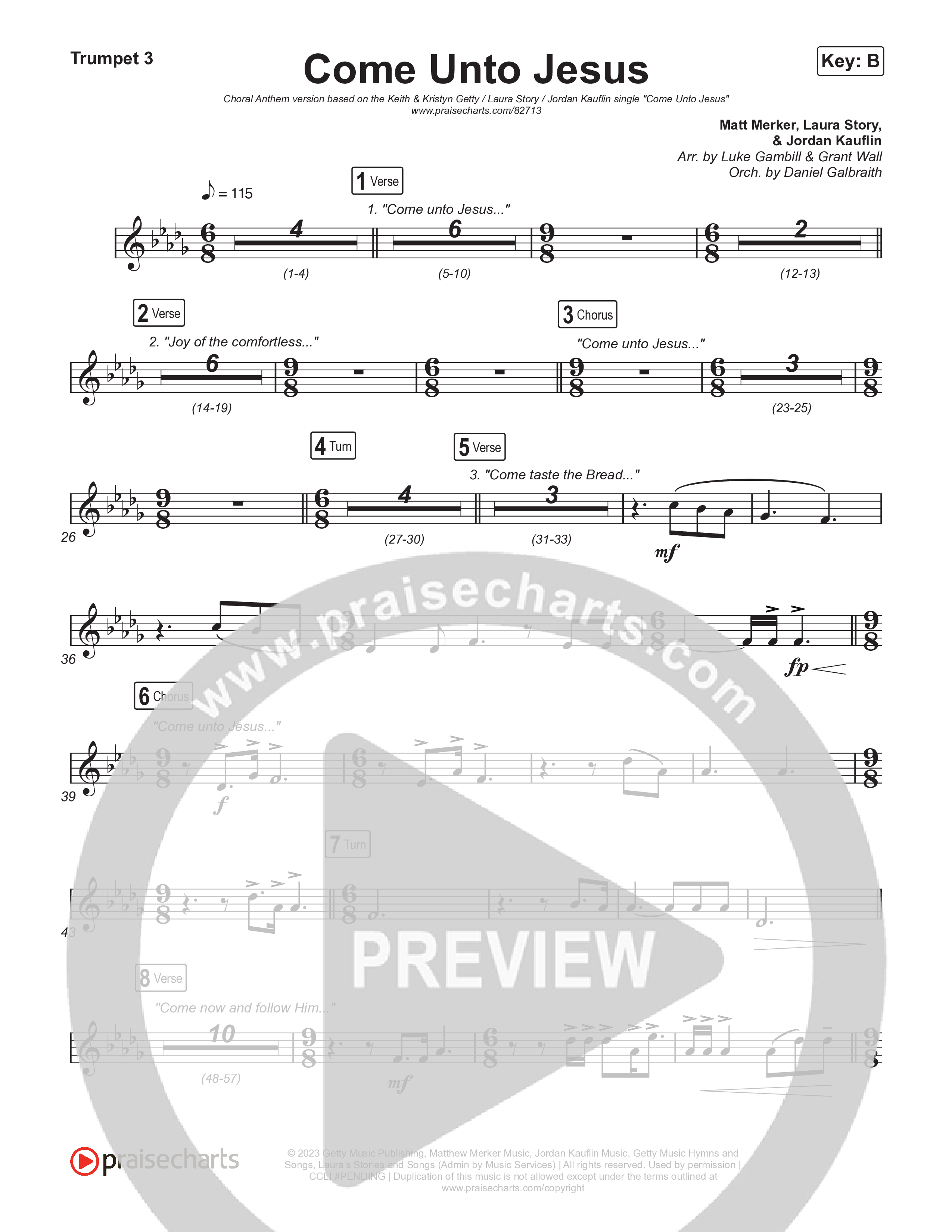 Come Unto Jesus (Choral Anthem SATB) Trumpet 3 (Keith & Kristyn Getty / Laura Story / Jordan Kauflin / Arr. Luke Gambill)