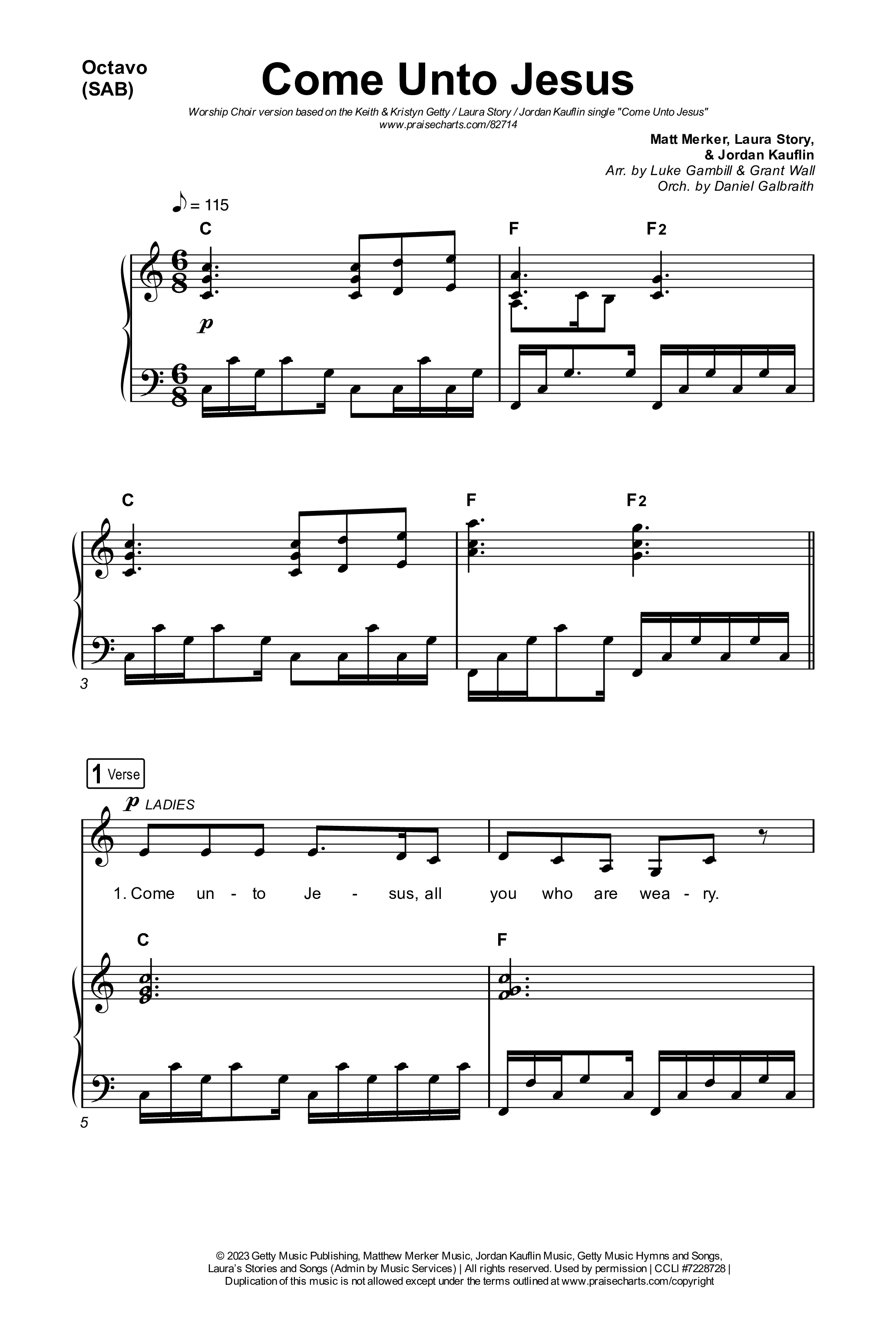 Come Unto Jesus (Worship Choir/SAB) Octavo (SAB & Pno) (Keith & Kristyn Getty / Laura Story / Jordan Kauflin / Arr. Luke Gambill)