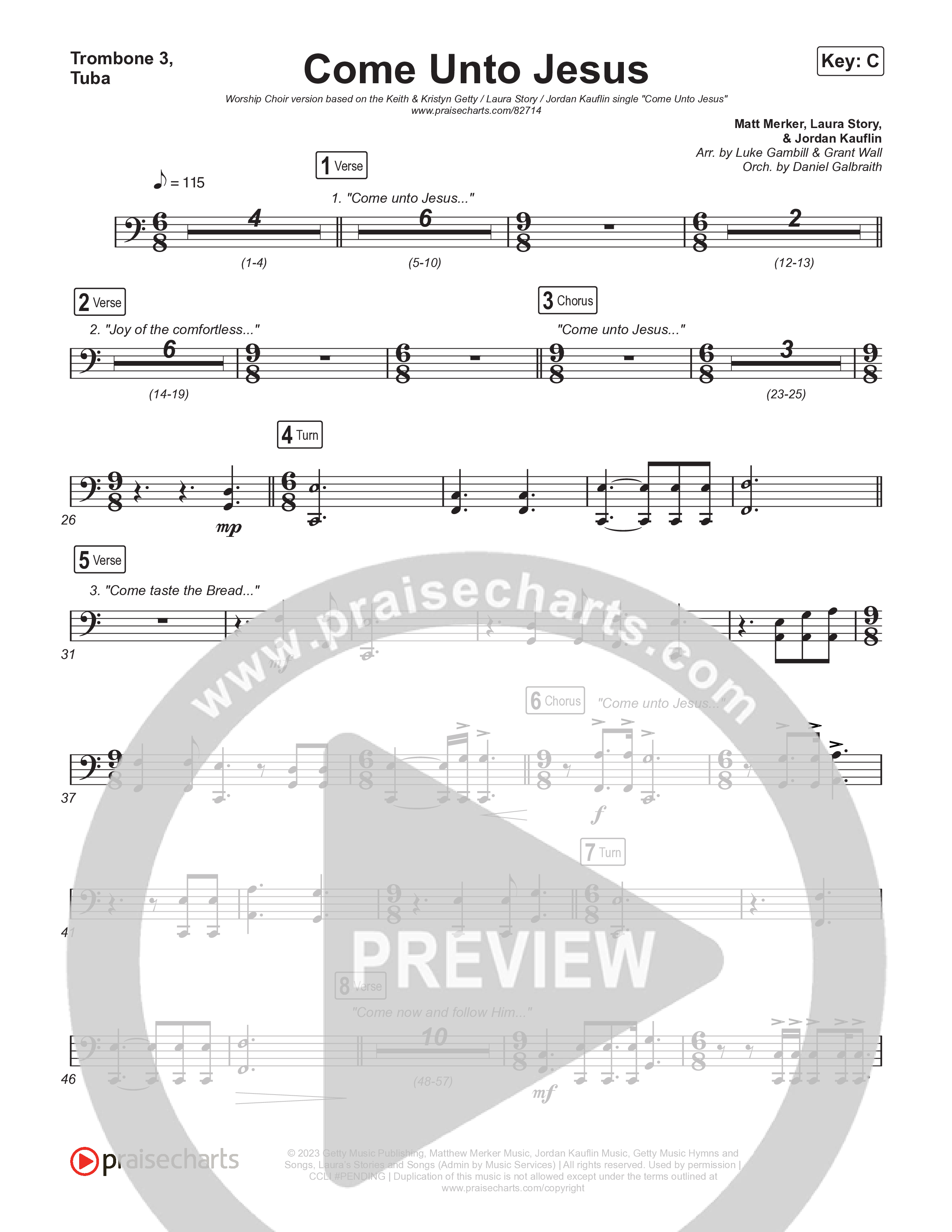 Come Unto Jesus (Worship Choir/SAB) Trombone 3/Tuba (Keith & Kristyn Getty / Laura Story / Jordan Kauflin / Arr. Luke Gambill)