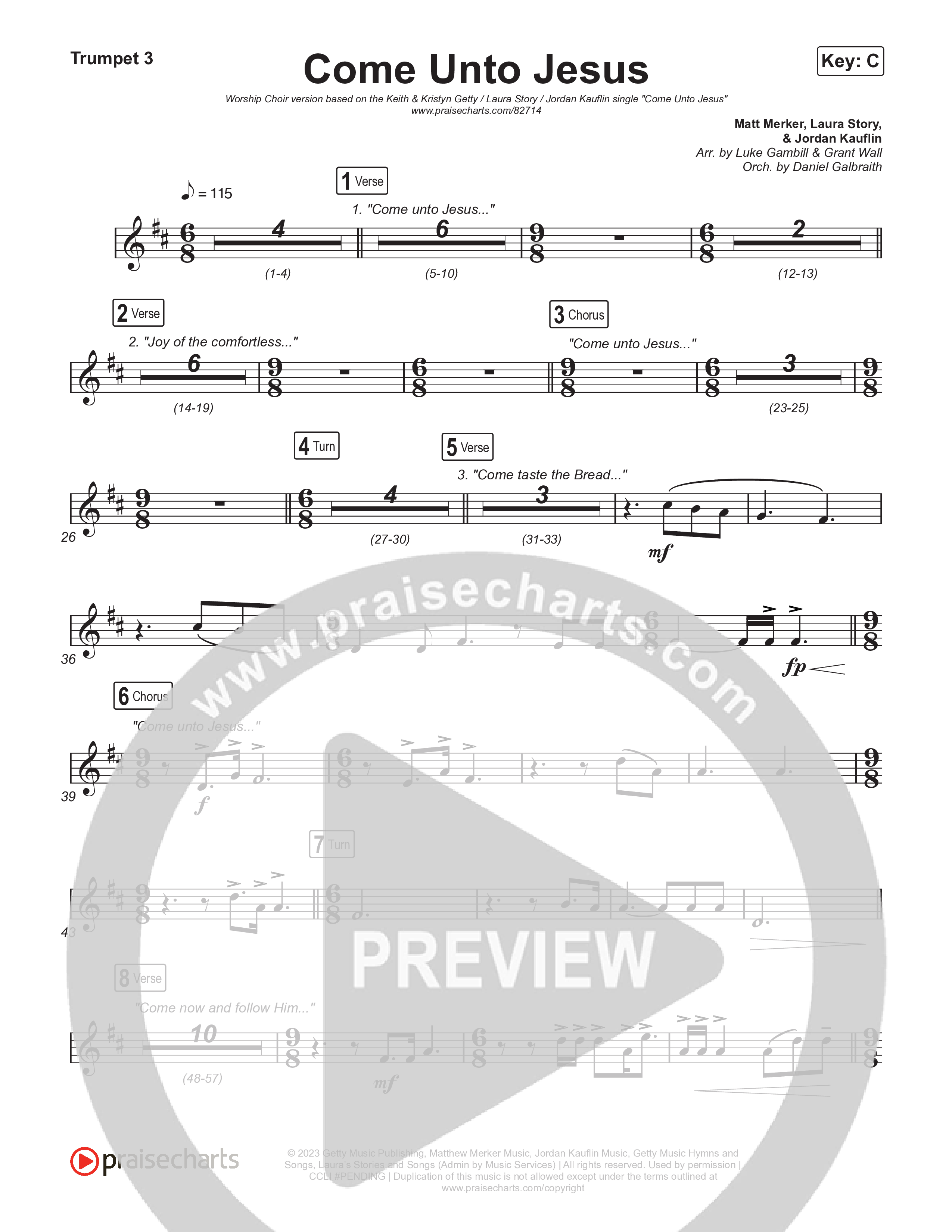 Come Unto Jesus (Worship Choir/SAB) Trumpet 3 (Keith & Kristyn Getty / Laura Story / Jordan Kauflin / Arr. Luke Gambill)