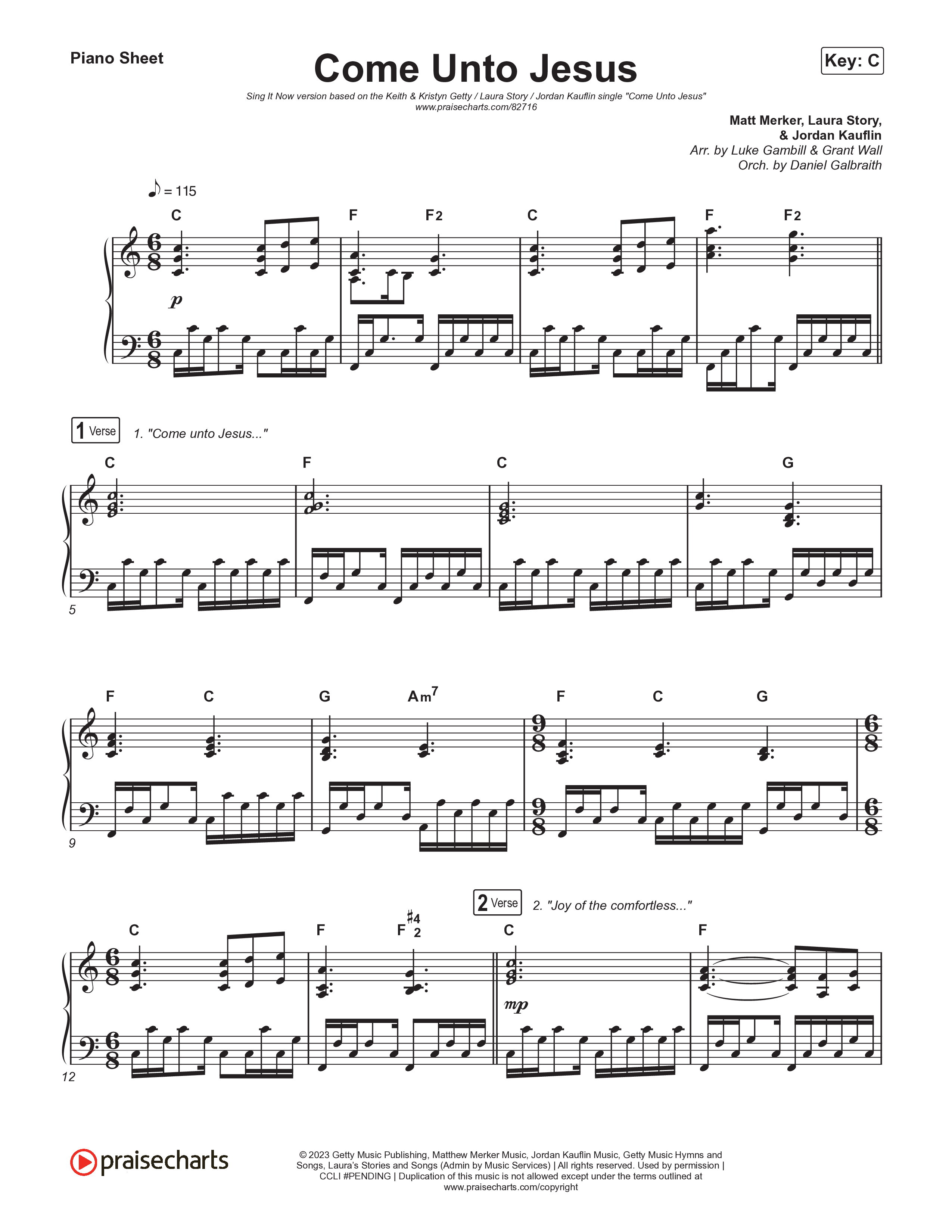 Come Unto Jesus (Sing It Now) Piano Sheet (Keith & Kristyn Getty / Laura Story / Jordan Kauflin / Arr. Luke Gambill)