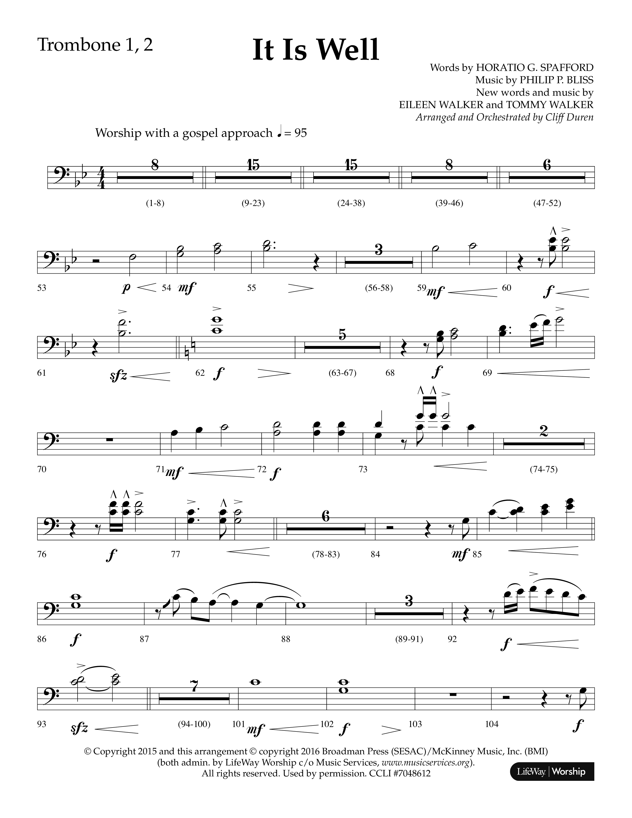 It Is Well (Choral Anthem SATB) Trombone 1/2 (Lifeway Choral / Arr. Cliff Duren)