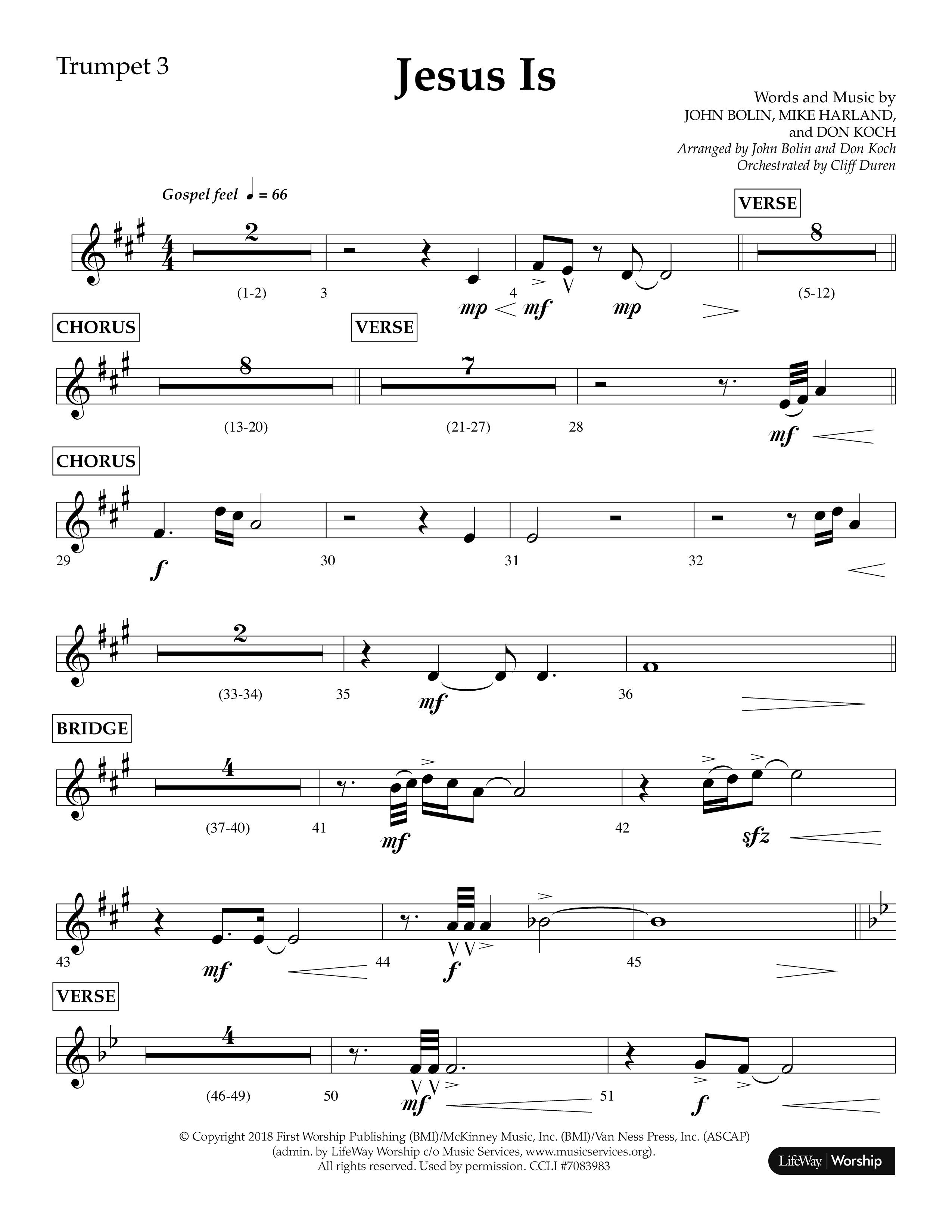 Jesus Is (Choral Anthem SATB) Trumpet 3 (Lifeway Choral / Arr. John Bolin / Arr. Don Koch / Orch. Cliff Duren)