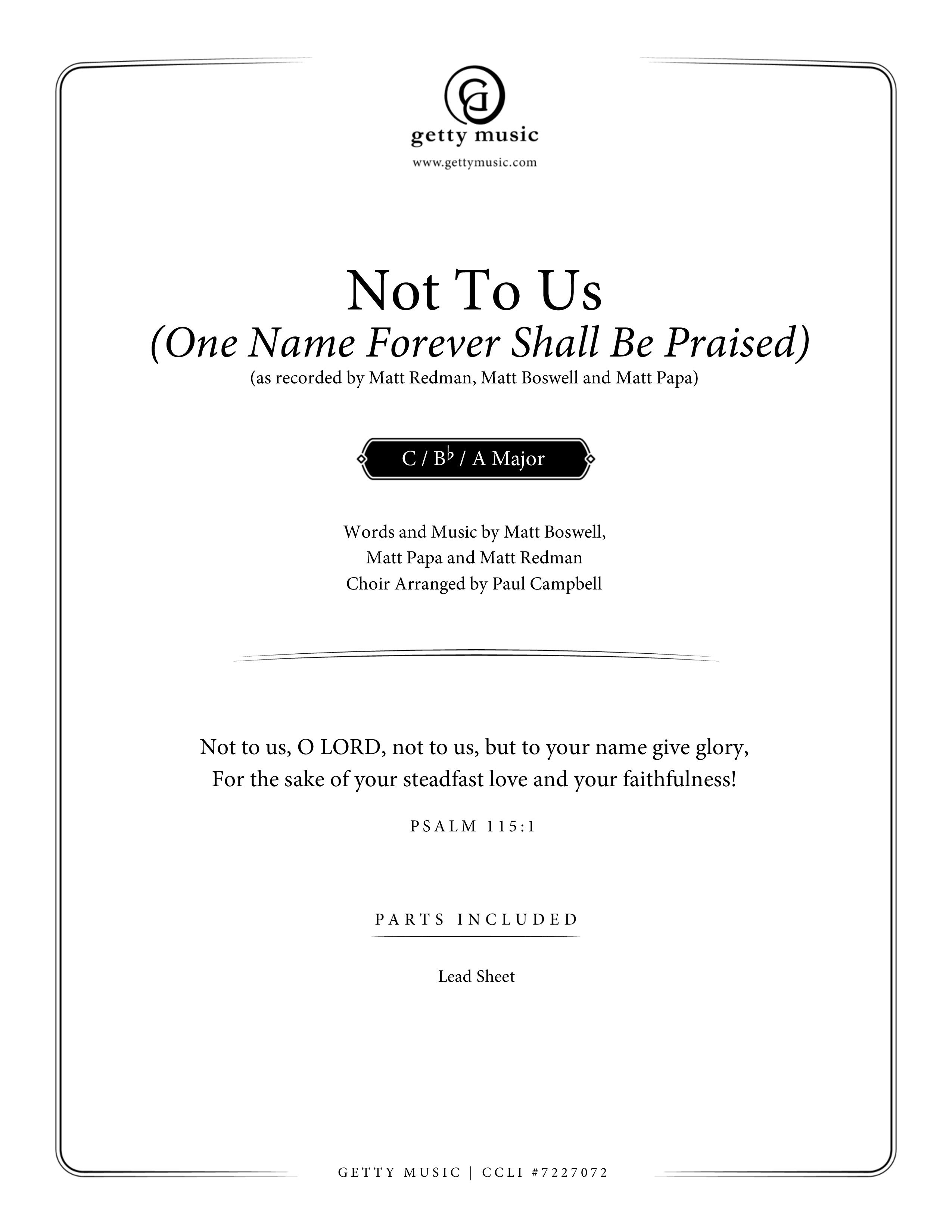 Not to Us (One Name Forever Shall Be Praised) Lead Sheet (Mel) (Matt Papa / Matt Boswell / Matt Redman)