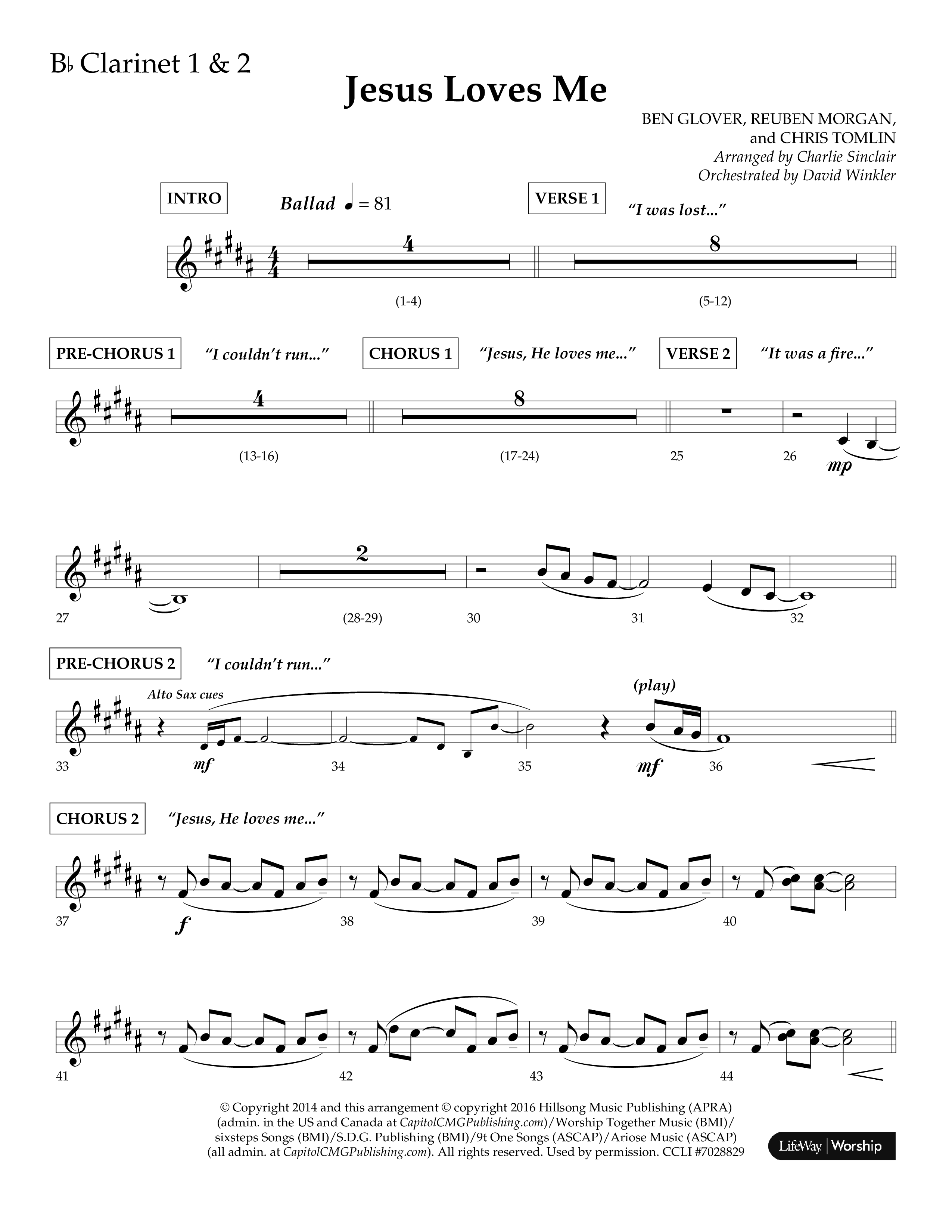 Jesus Loves Me (Choral Anthem SATB) Clarinet 1/2 (Lifeway Choral / Arr. Charlie Sinclair / Orch. David Winkler)