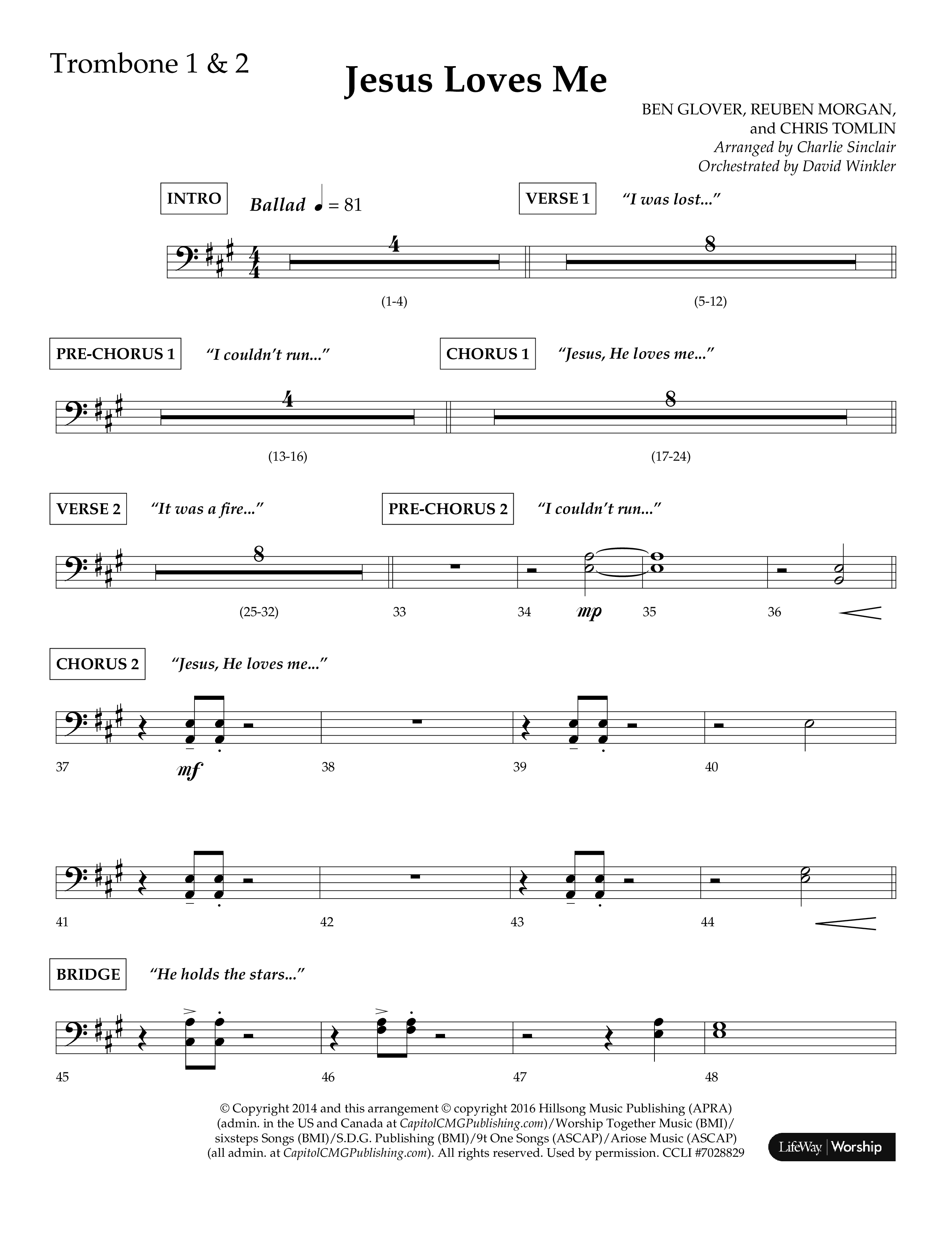Jesus Loves Me (Choral Anthem SATB) Trombone 1/2 (Lifeway Choral / Arr. Charlie Sinclair / Orch. David Winkler)